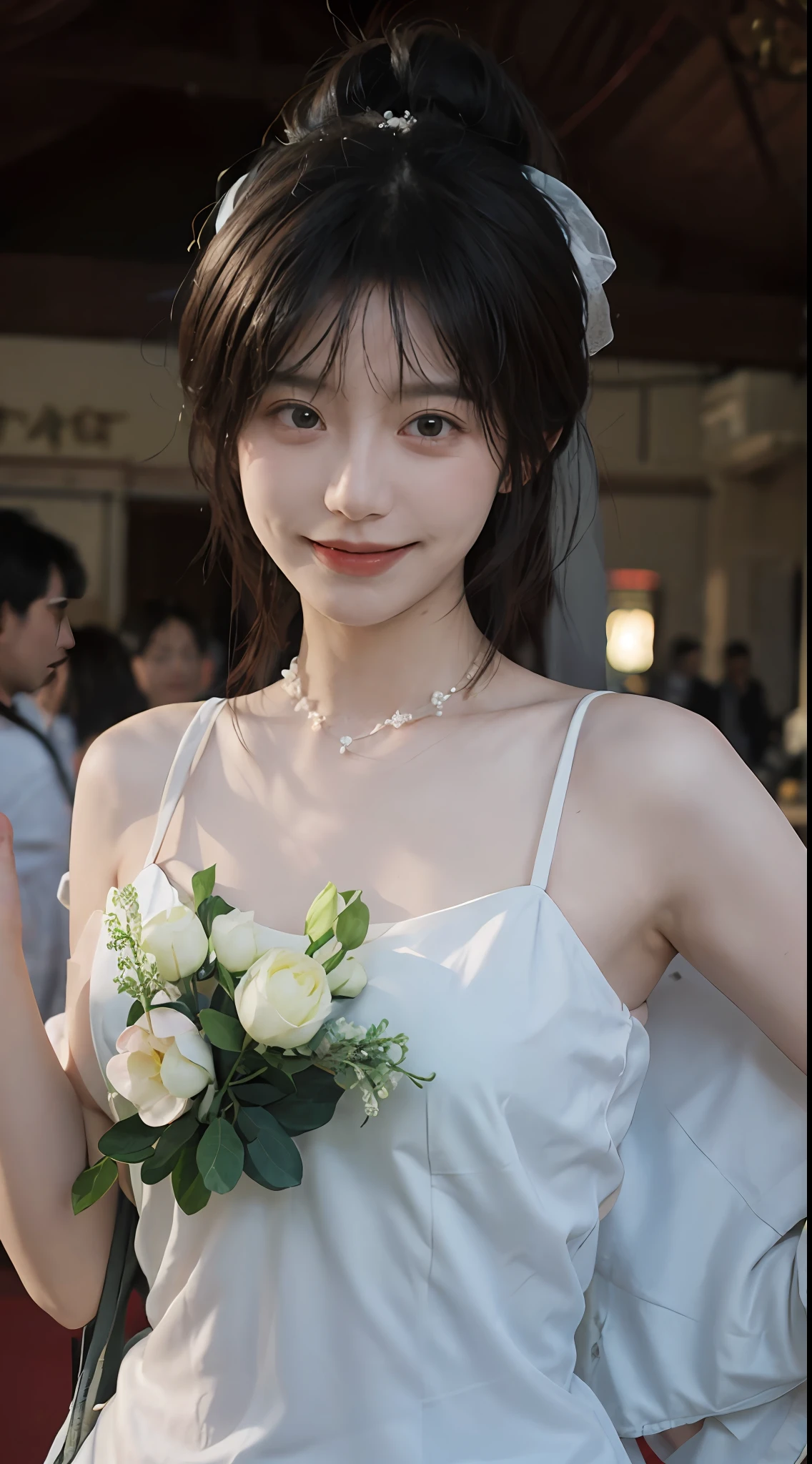 best qualtiy, 超高分辨率, (realisticlying:1.4),cute hairpin,Baoyu Girl,Stand in the wedding hall,Wearing a white bandeau wedding dress,(flatchest:1.2) ,A pair of clear and moving peach blossom eyes,Royal Sister,sunshine on face,Big wavy hairstyle,(choker necklace:1.2),(Fair skin:1.4),a sense of atmosphere,a beauty girl, Charming smile,head straight-looking at viewer, closeup cleavage ,(Photorealistic:1.4),1girll,Sexy,(Upper body:1.4),(Wet body),(:1.2)