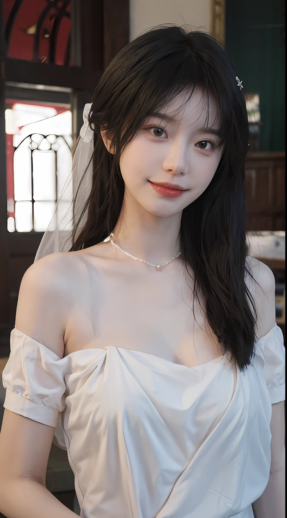 best qualtiy, 超高分辨率, (realisticlying:1.4),cute hairpin,Baoyu Girl,Stand in the wedding hall,Wearing a white bandeau wedding dress,(flatchest:1.2) ,A pair of clear and moving peach blossom eyes,Royal Sister,sunshine on face,Big wavy hairstyle,(choker necklace:1.2),(Fair skin:1.4),a sense of atmosphere,a beauty girl, Charming smile,head straight-looking at viewer, closeup cleavage ,(Photorealistic:1.4),1girll,Sexy,(Upper body:1.4),(Wet body),(:1.2)