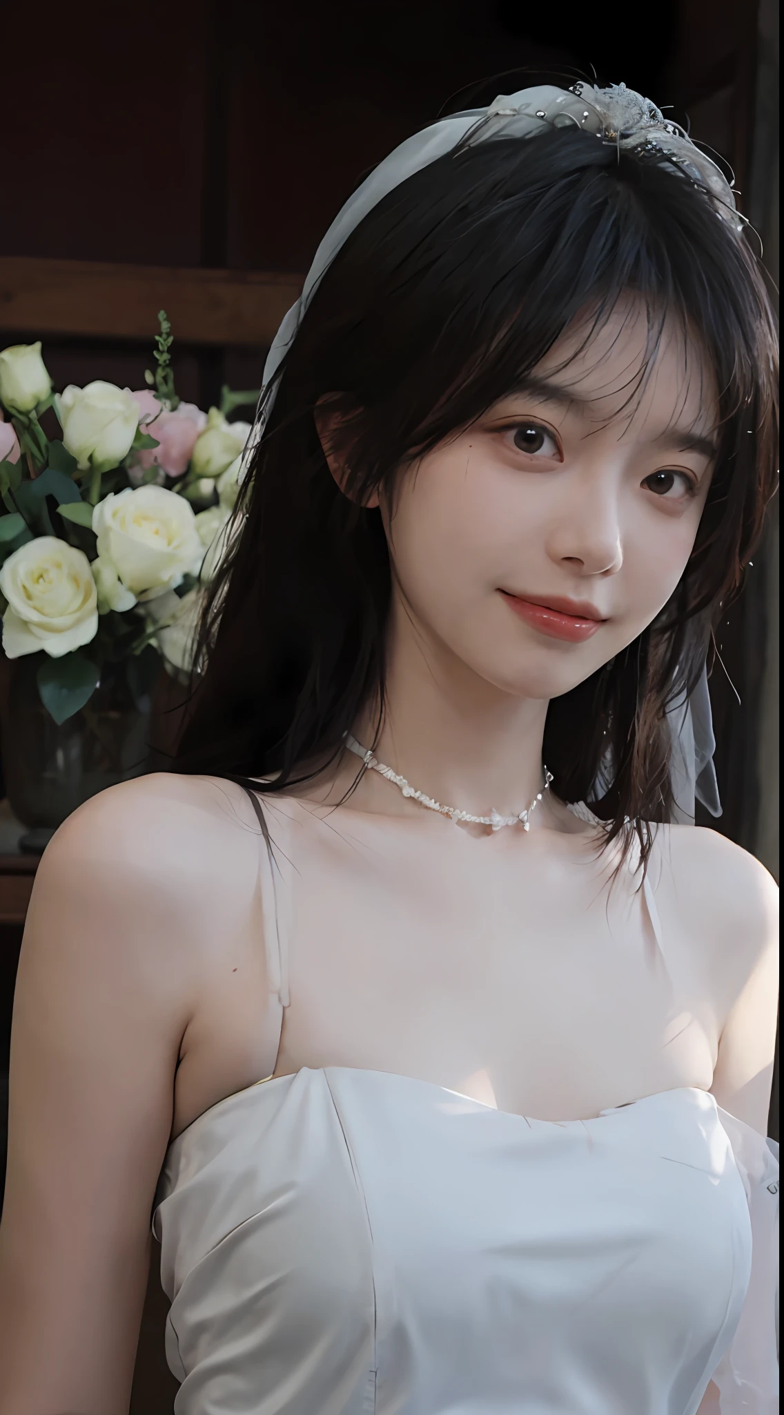 best qualtiy， 超高分辨率， （realisticlying：1.4），cute hairpin，Baoyu Girl，Stand in the wedding hall，Wearing a white bandeau wedding dress，（flatchest：1.2） ，A pair of clear and moving peach blossom eyes,Royal Sister，sunshine on face，Big wavy hairstyle，（choker necklace：1.2），（Fair skin：1.4），a sense of atmosphere，a beauty girl， Charming smile，head straight-looking at viewer， closeup cleavage ，(Photorealistic:1.4),1girll,Sexy,(Upper body:1.4),(Wet body),(:1.2)