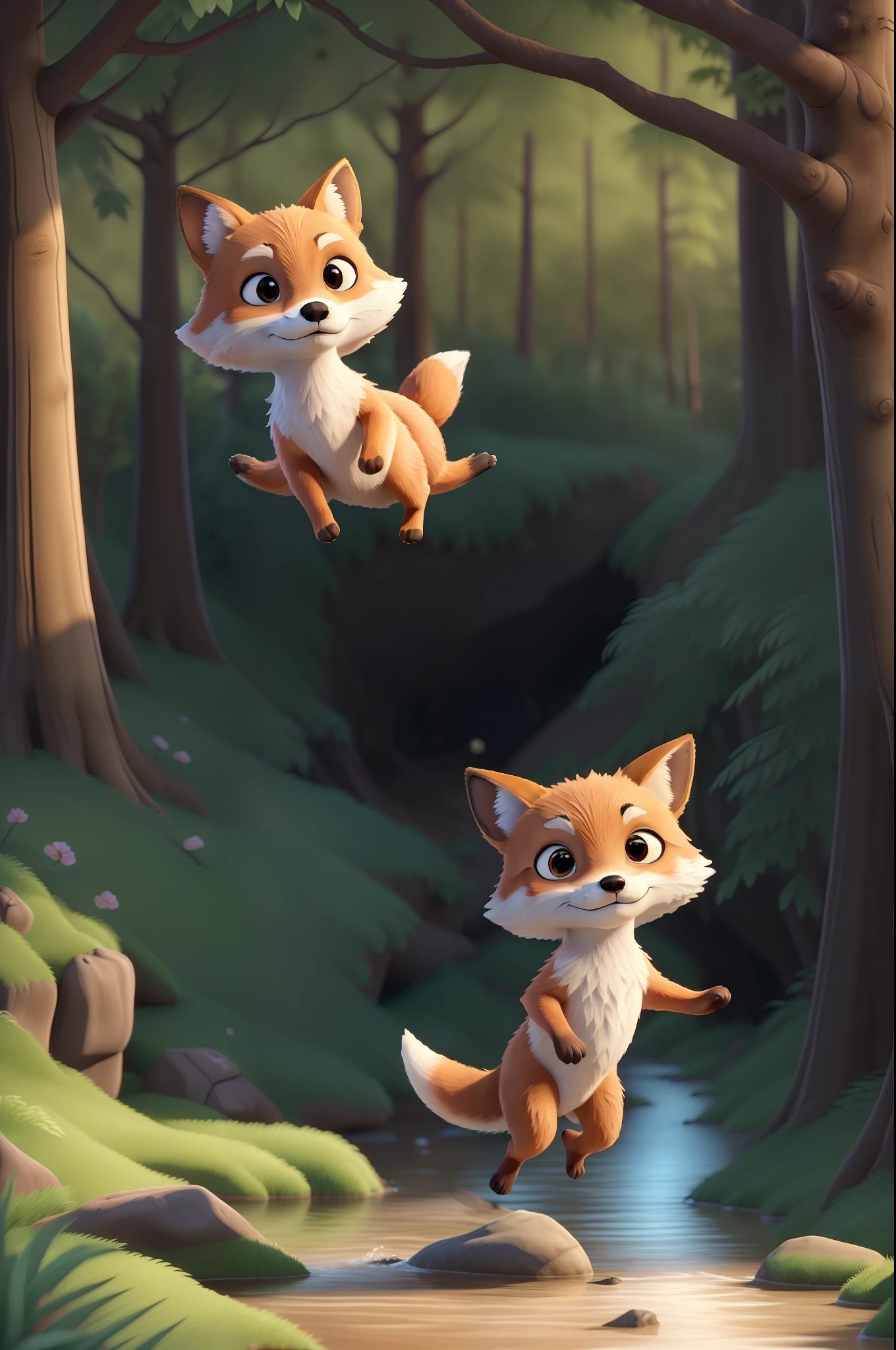 "(A baby fox leaping through the trees above a stream with agility and grace.), (melhor qualidade), (obra-prima), (detalhamento excepcional:1.4), (estilo 3D)"