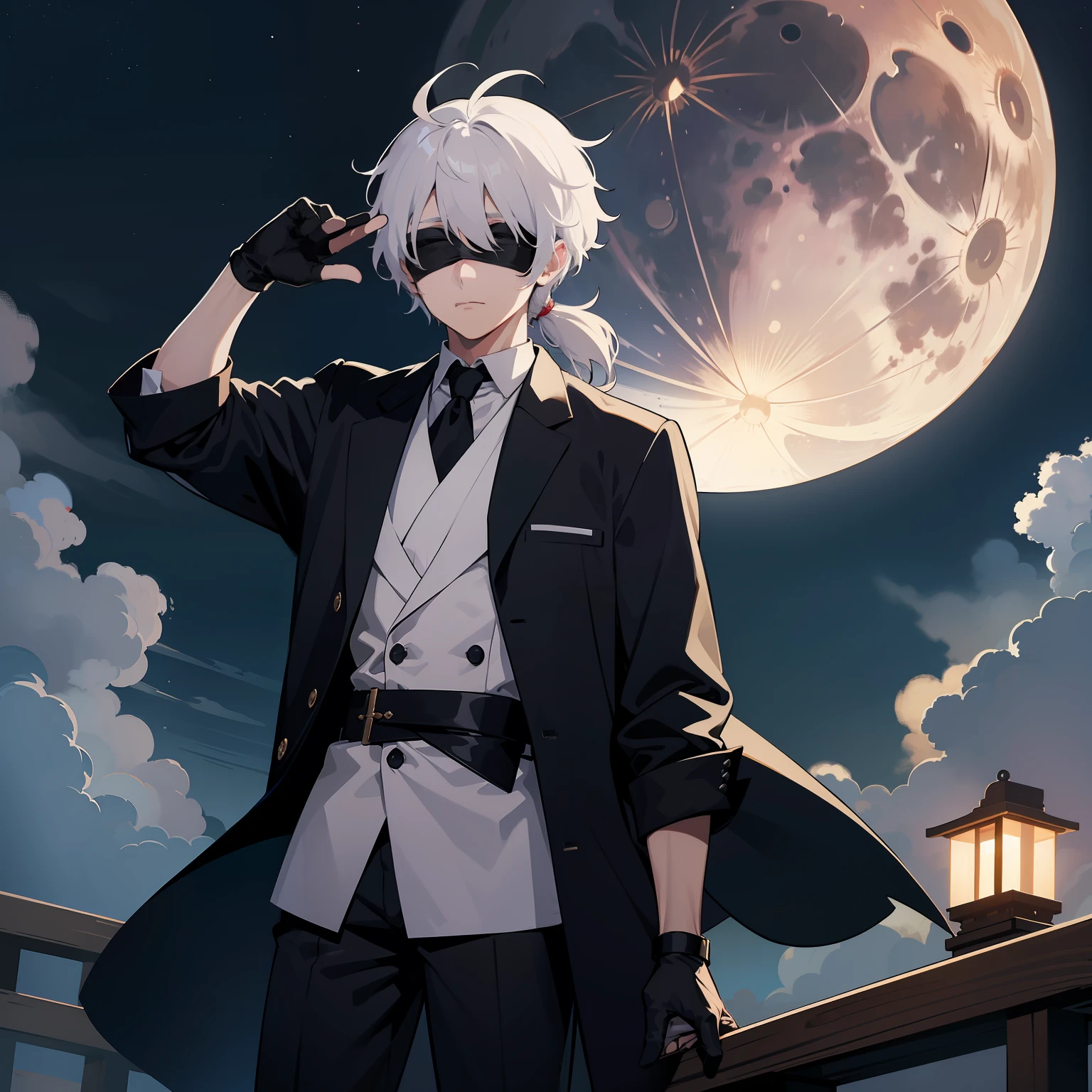 masterpiece, best quality, night, full_moon, sky, comic, bust, Chinese, male, solo, short hair, white hair, crossed bangs, disheveled hair, short_ponytail, naughty_face, robe, black blindfold, half gloves , pants，male