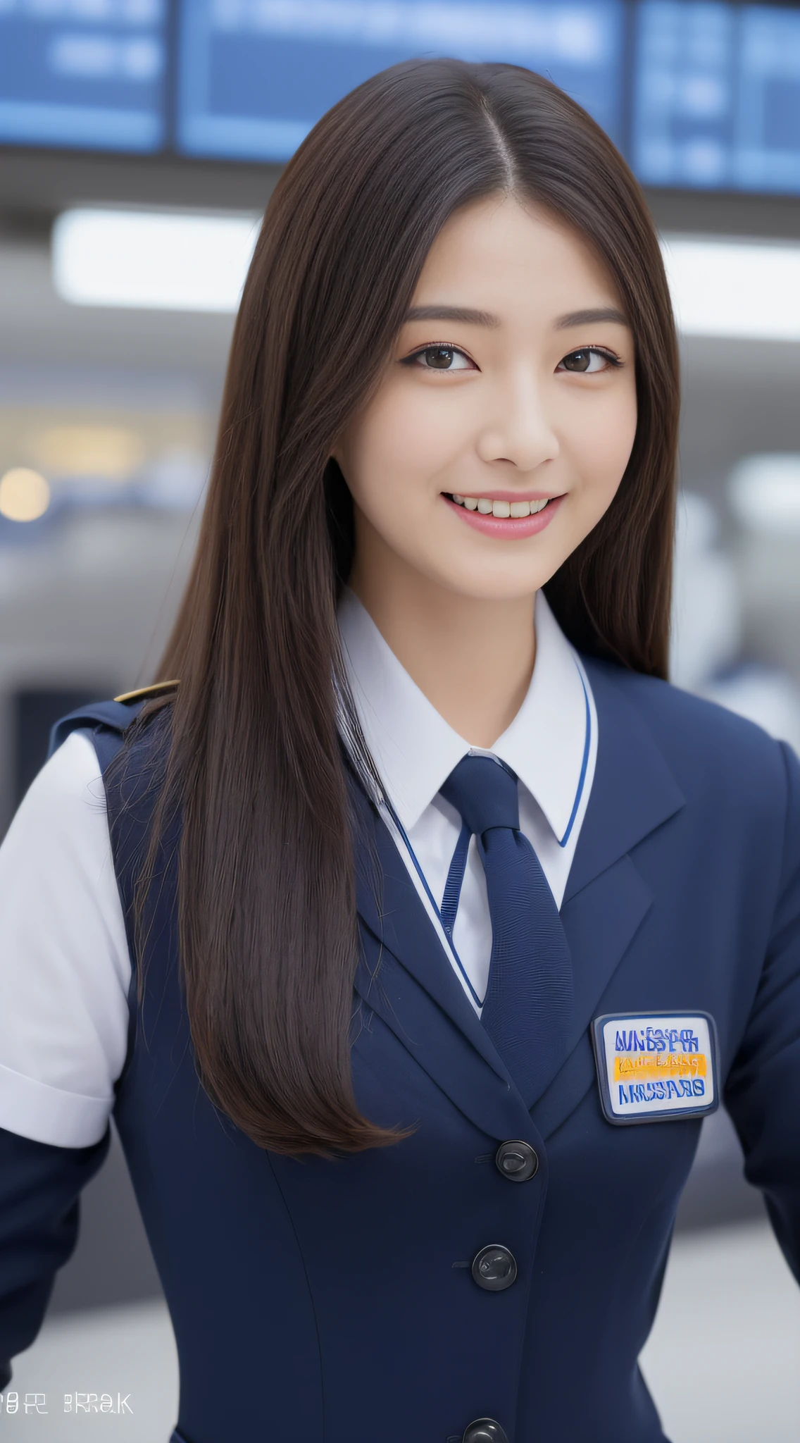 ((top-quality、8K、masterpiece:1.3))、sharp:1.2、Perfect Body Beauty:1.4、Slim abs:1.2、Big、((The perfect stewardess uniform:1.3))、(airport、Planes:1.2)、Beautiful face、Straight hair、Highly detailed facial and skin texture、A detailed eye、Aspect of looking at the camera、A smile、Unclear