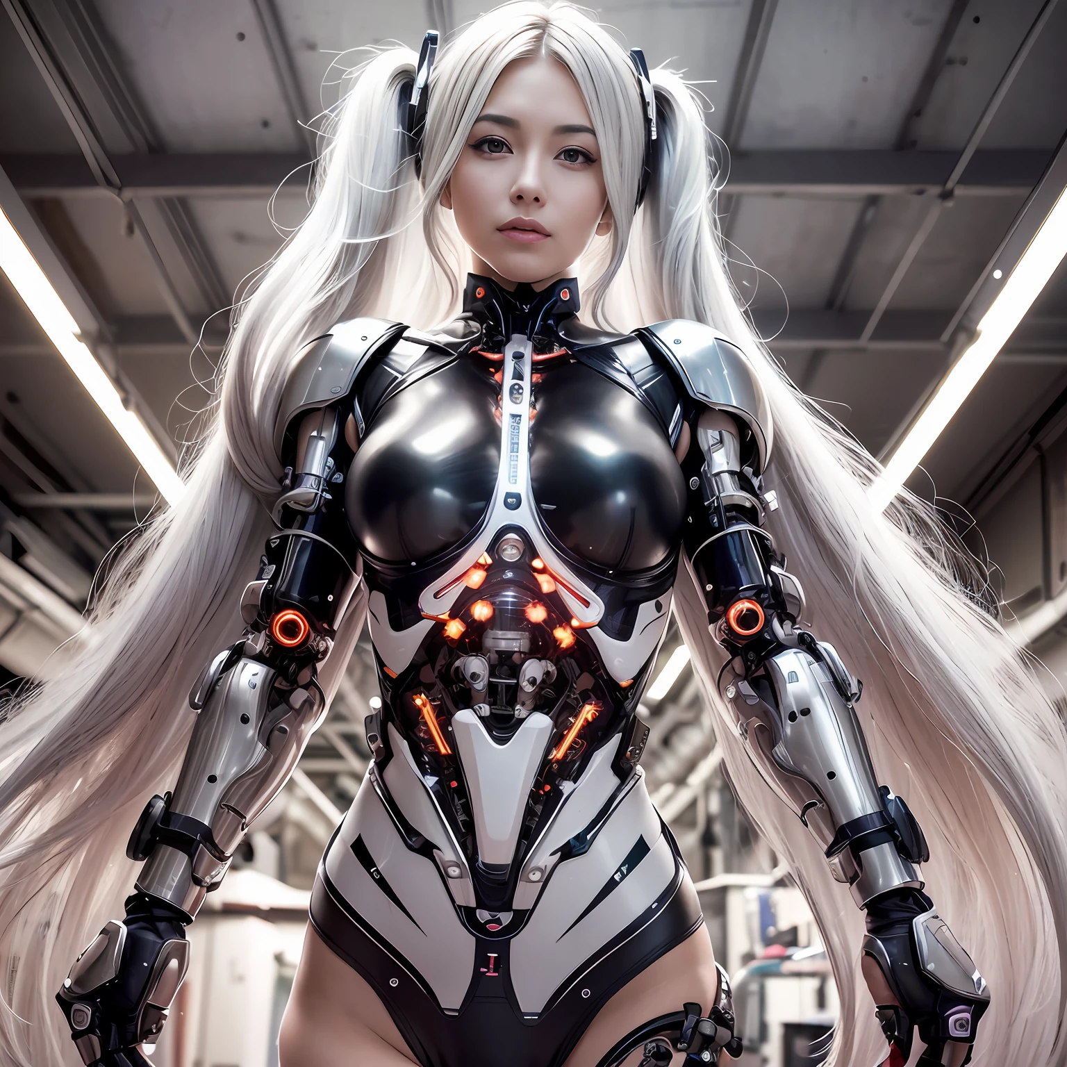 Beautiful Face,face is Japan, 1 Woman, Big, Curvaceous, (16k, RAW photo, top quality, masterpiece: 1.2), (HDR, Realistic, Photorealistic: 1.37) (tube attached to the body), (Bikini Cyborg robot parts)))), (light gray hair), Long hair, Wavy hair, Twin tails, Medium shot, ( Seductive smile)), (black eyes), double eyelids, princess cut, from below, (whole body),posing,,in the lab,( tube connected to blood vessel),((mechanical vertebrae attached to the back)),((mechanical neck attached to the neck)),(wire and cable attached to head and body),(character focus),science fiction,perfect female figure,perfect anatomy, hyperanatomy, full body shot, up to four fingers and one thumb relationship,