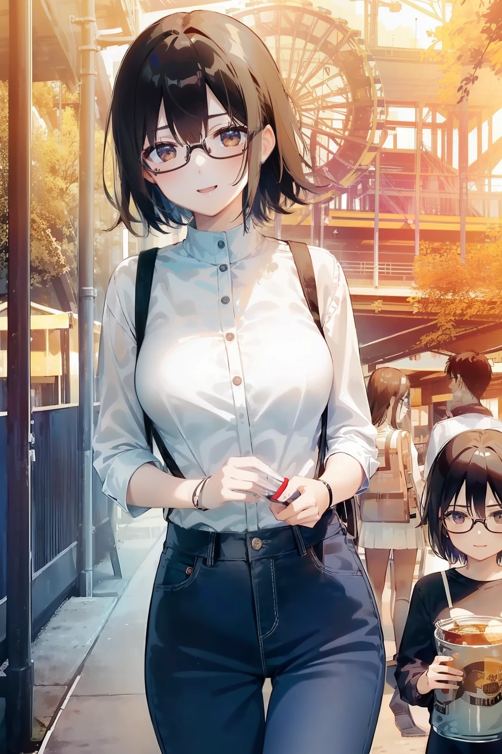 (girl with、Gamine、A dark-haired、short-hair、straight haired、hair adornments、Light brown eyes、A smile、wearing black glasses、small tits、cute face)、masterpiece、top-quality、jeans、TThe shirt、pinafore、NOWAI、An amusement park、the Ferris wheel