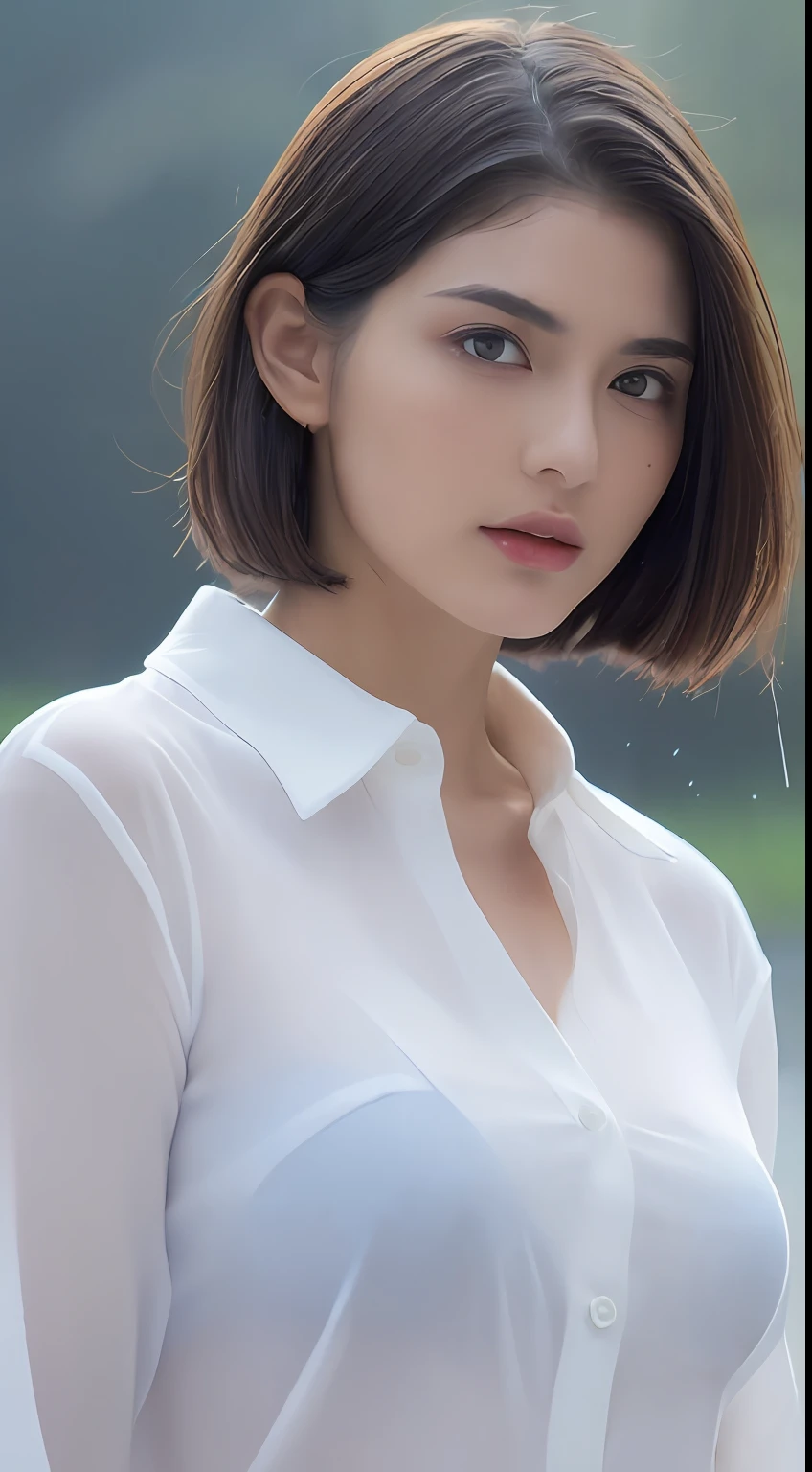 ((of the highest quality, 8K, masutepiece: 1.3)), Sharp Focus: 1.2, Beautiful woman with perfect body: 1.4, slender abdomen: 1.2, ((Layered hairstyle, Big breasts: 1.2)), (No bra) (Small beautiful hard (Thin, damp buttons up to shirt length,: 1.1), (White shirt wet in the rain), (Rain, Distance: 1.2), Wet body: 1.1, Very delicate face and skin texture, Detailed eyes, Double eyelids, Tanned skin, Sexy, asa, Real Skin, Real eyebrows, Blue eyeball. ((of the highest quality, 8K, masutepiece: 1.3)), Sharp Focus: 1.2, Beautiful woman with perfect body: 1.4, slender abdomen: 1.2, ((Layered hairstyle, Big breasts: 1.2)), (No bra) (Small beautiful hard (Thin, damp buttons up to shirt length,: 1.1), (White shirt wet in the rain), (Rain, Distance: 1.2), Wet body: 1.1, Very delicate face and skin texture, Detailed eyes, Double eyelids, Tanned skin, Sexy, asa, Real Skin, Real eyebrows, Blue eyeball.Large bust coordination、Wet in the rain、The jacket is transparent