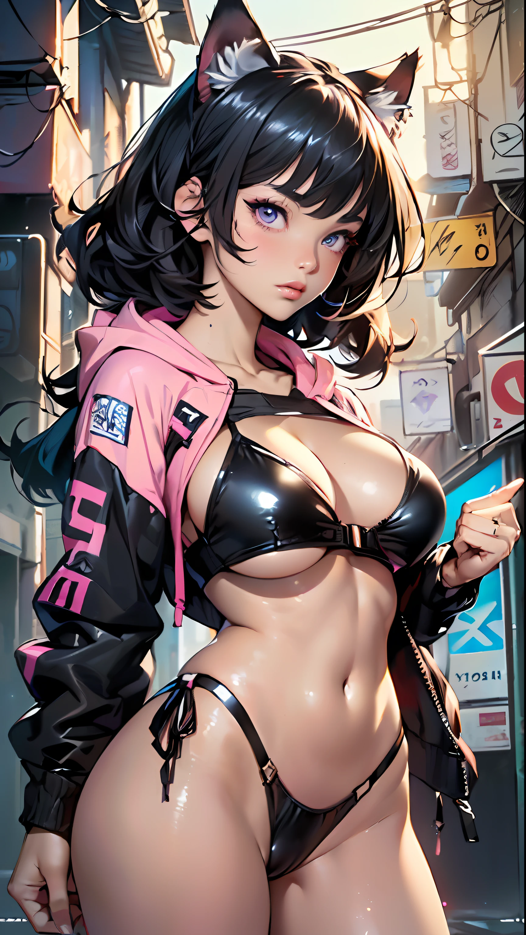 girl spacepunk,(((1girl))),((anime girl with extremely cute and beautiful black hair cat ears walking seductively down the street)),
(large breasts:1.4),saggy breasts,(((black wavy bob hair:1.35,bangs;1.35,messy hair,colored inner hair,ear breathing))),(((cat ears,cat ears on head,big cat ears))),((pink eyes:1.3,upturned eyes:1.3,perfect eyes,beautiful detailed eyes,rainbow glows ultra-detailed deep pink purple eyes:1.1,gradient eyes:1,finely detailed beautiful eyes:1,symmetrical eyes:1,big highlight on eyes:1.2)),((fat)),(((lustrous skin:1.5,bright skin: 1.5,skin tanned,shiny skin,very shiny skin,shiny body,plastic glitter skin,exaggerated shiny skin))),(spider lower abdomen,narrow waist,wide hip,athletic body,inflated legs,delicate detailed fingers,detailed body,detailed arms,human hands, detailed hands),
cute,slutty,seductive,erotic,(((nsfw))),
zettai ryouiki,revealing clothing,show skin,((((underboob)))),(cleavage),(wearing a mechanical space body armor:1.3,semi-naked,with little clothing,tiny thong,bare legs,visible thong straps),((((crop top hoodie,cropped hoodie,hoodie))),(detailed outfit,detailed clothes),
(dynamic pose:1.0),solo focus,embarrassed,centered,scale to fit dimensions,Rule of thirds,
outdoors, ((night view)), (cyberpunk night street Background: 1.5,dark sky,alleyway,lonely alley,thick clouds, detailed background:1.25),
(best quality), (high resolution), (sharp focus), (ultra detailed), (extremely detailed), (extremely high quality artwork), 8k_wallpaper, (extremely detailed CG 8k),(very fine 8K CG), ((hyper super ultra detailed perfect piece)), flawless, (((masterpiece))), illustration, vibrant colors, (intricate), High contrast, Selective lighting, Double exposure, HDR (High Dynamic Range), Post-processing, Background blur,