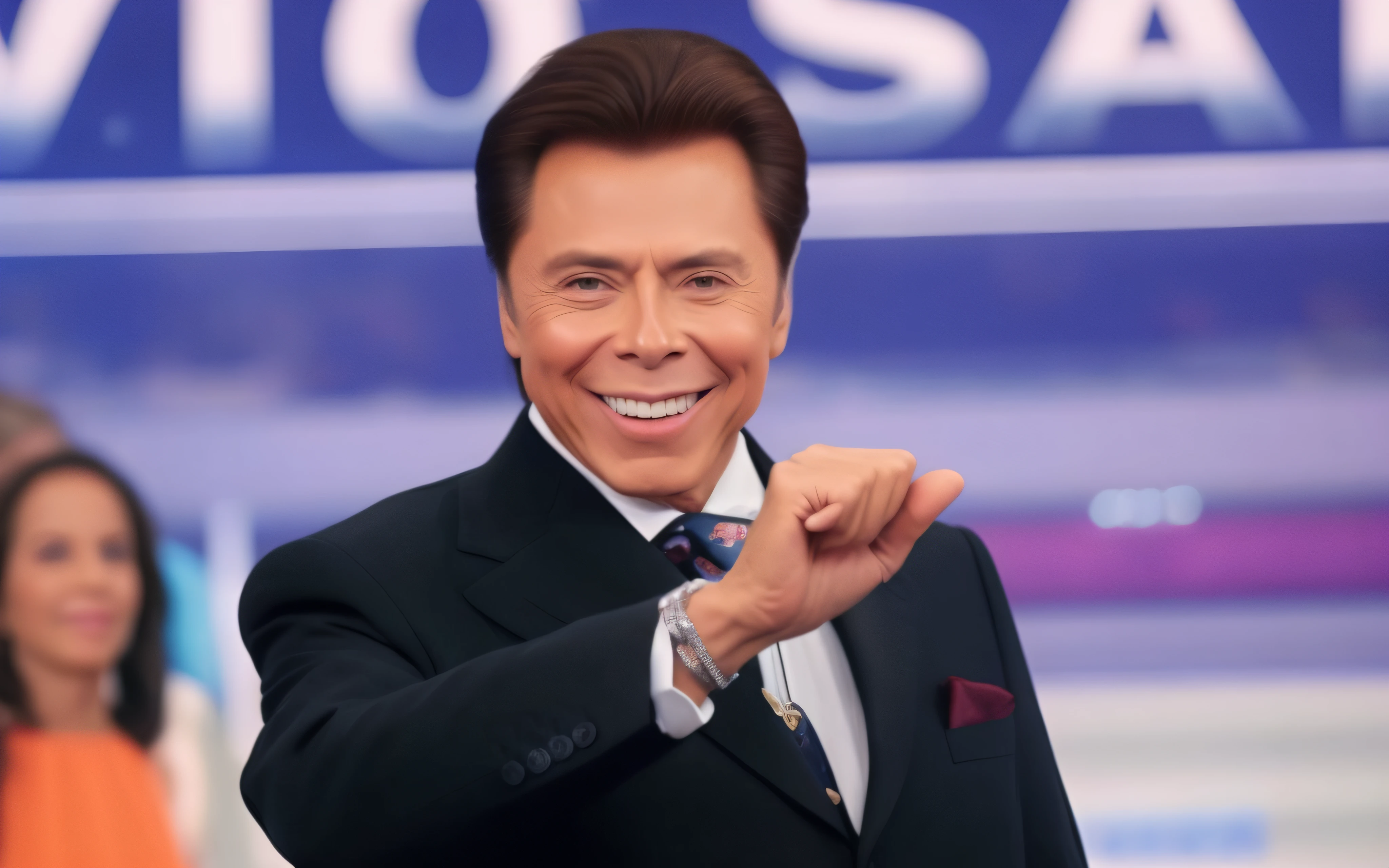 Silvio Santos in a suit and tie, 70 years old, extremelly wealthy, rich, smiling, 8k, high definition, detailed face, detailed face, detailed eyes, detailed suit, hyper-realistic, + cinematic shot + dynamic composition, incredibly detailed, sharpen, details + superb details + evening with light + perfectionism + award winning realism ((moody lighting))