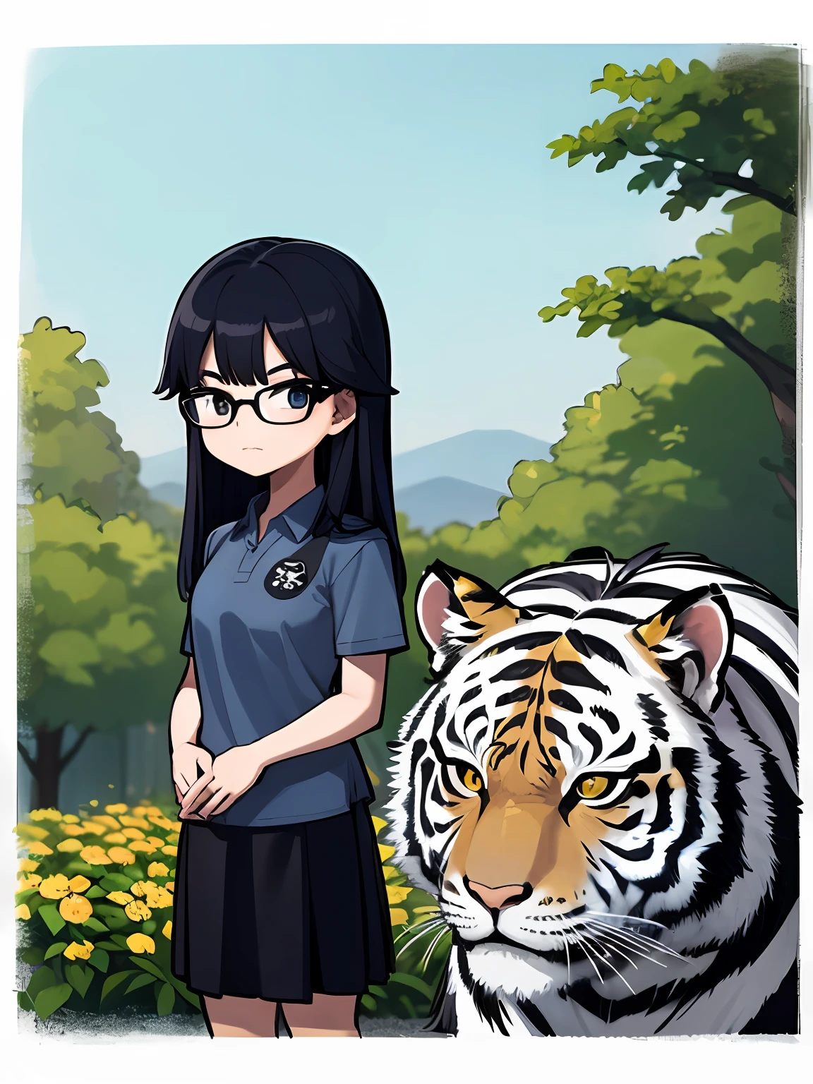 1girl in、((​masterpiece、top-quality))、(独奏)、(female focus)、(Blue-black hair、length hair)、(Tiger Print Shirt)、(Black Round Glasses)、(Black skirt)、is standing、symple background
