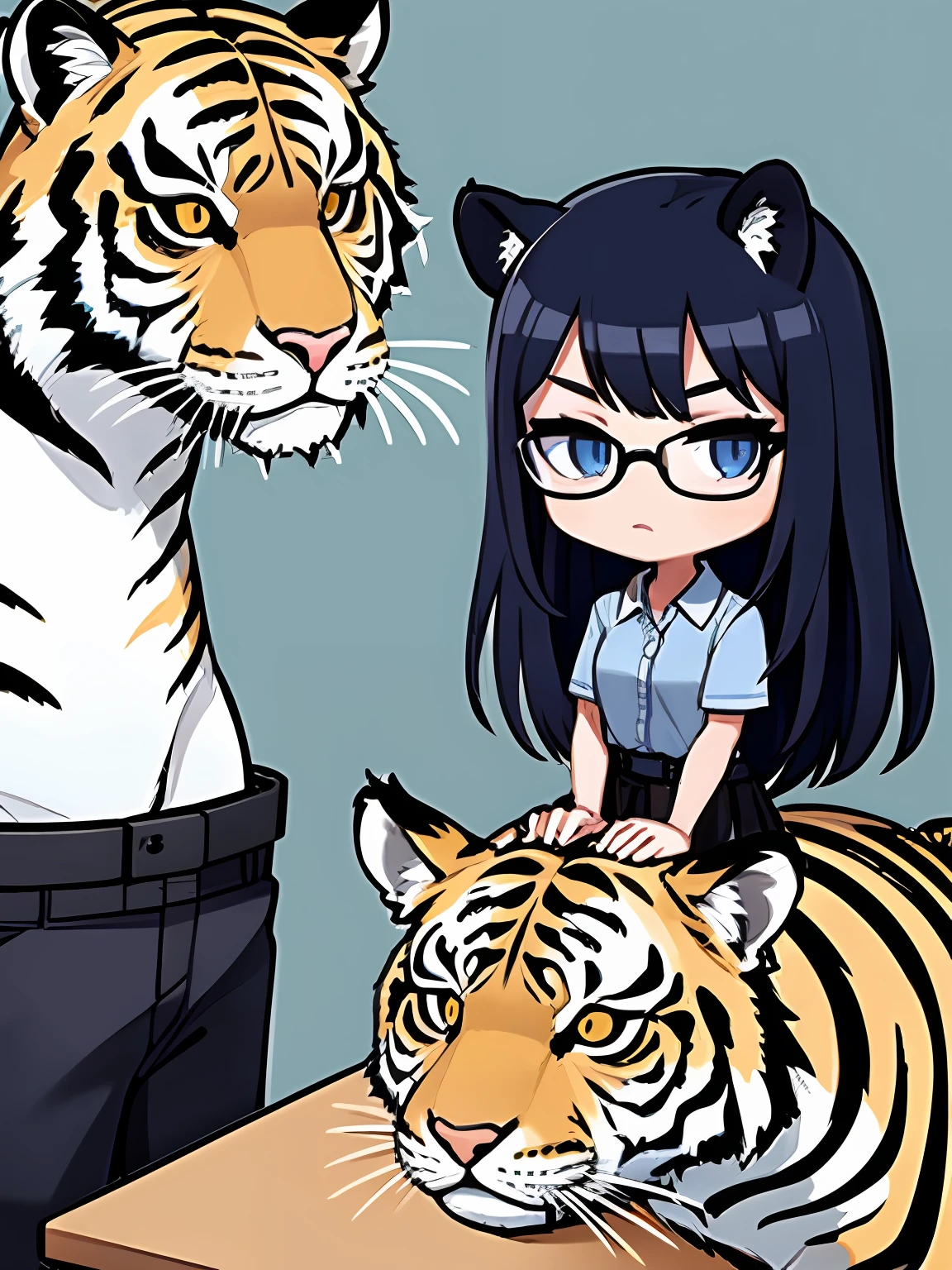 1girl in、((masterpiece、top-quality))、(独奏)、(female focus)、(Blue-black hair、length hair)、(Tiger Print Shirt)、(Black Round Glasses)、(Black skirt)、is standing、symple background
