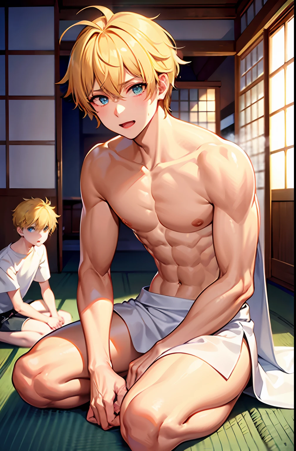 masterpiece, best quality, high quality, 2boys, , duo, male focus, full body, looking at viewer, yellow hair,spiky hair, no shirt, wearing white wet towel, steam smork, japan style, anime coloring, shy, home muji style, detailed face, Japan style, friend is so shy, friend white spiky hair,