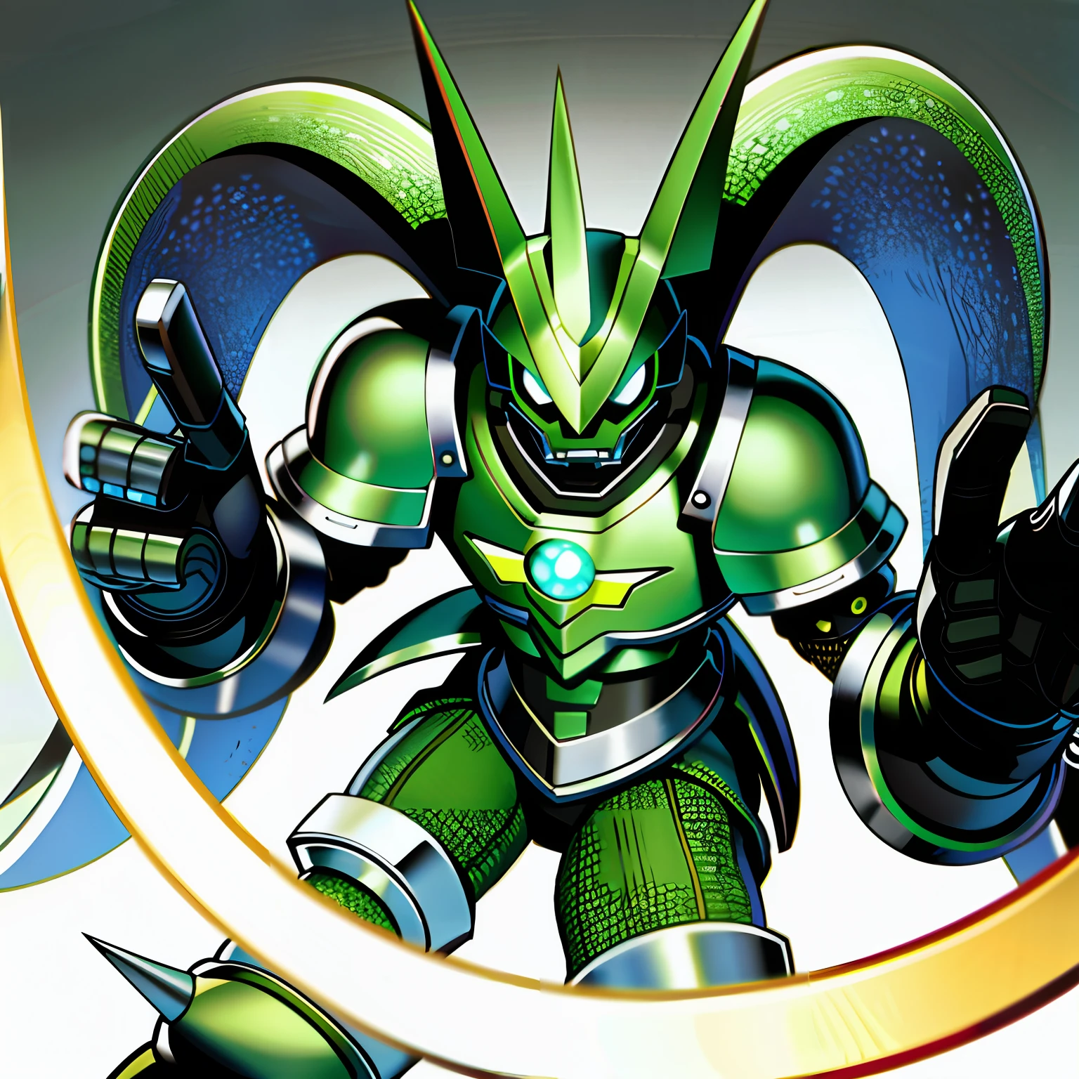 best quality, masterpiece, solo, digimon \(creature\), green monster, lizard features, thunder shape on the chest, black spikes, black armor, robotic armor, white background, simple background, no background