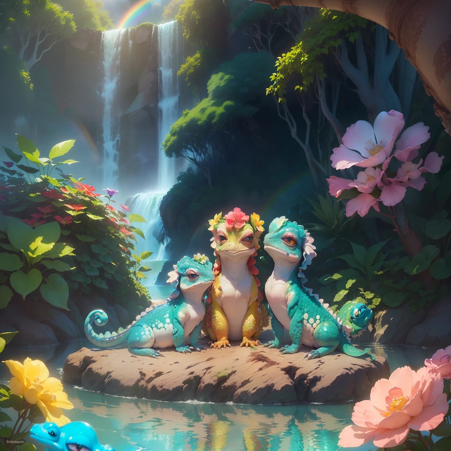 ((Dedinhos perfeitos)) ((Cute chameleons cute disney filmr style, eles estao felizez, with expression of happiness() realista, Ultrarrealista Fofo, Disney-style chameleons, Olhos bonitos e doces encantadores, 1 red chameleon 1 blue chameleon 1 yellow chameleon 1 pink chameleon 1 green chameleon (1 de cada cor) com olhos doces e bonitos, They are in the enchanted forest, com flores, Rainbow and waterfall Disney movie style (( The 5 ultra-realistic cute chameleons, estao juntos na floresta encantada, , in the background of the image has rainbow, flores e cachoeirs)) trending in cgsociety, CGSetnação, 8k arte detalhada de alta qualidade, CGSetalidade 9, arte digital detalhada bonito, pintura digital altamente detalhada, Beeple e Jeremias Ketner, cgssociedade, altamente detalhado, CGCsociedade inspirada, [ trending in cgsociety