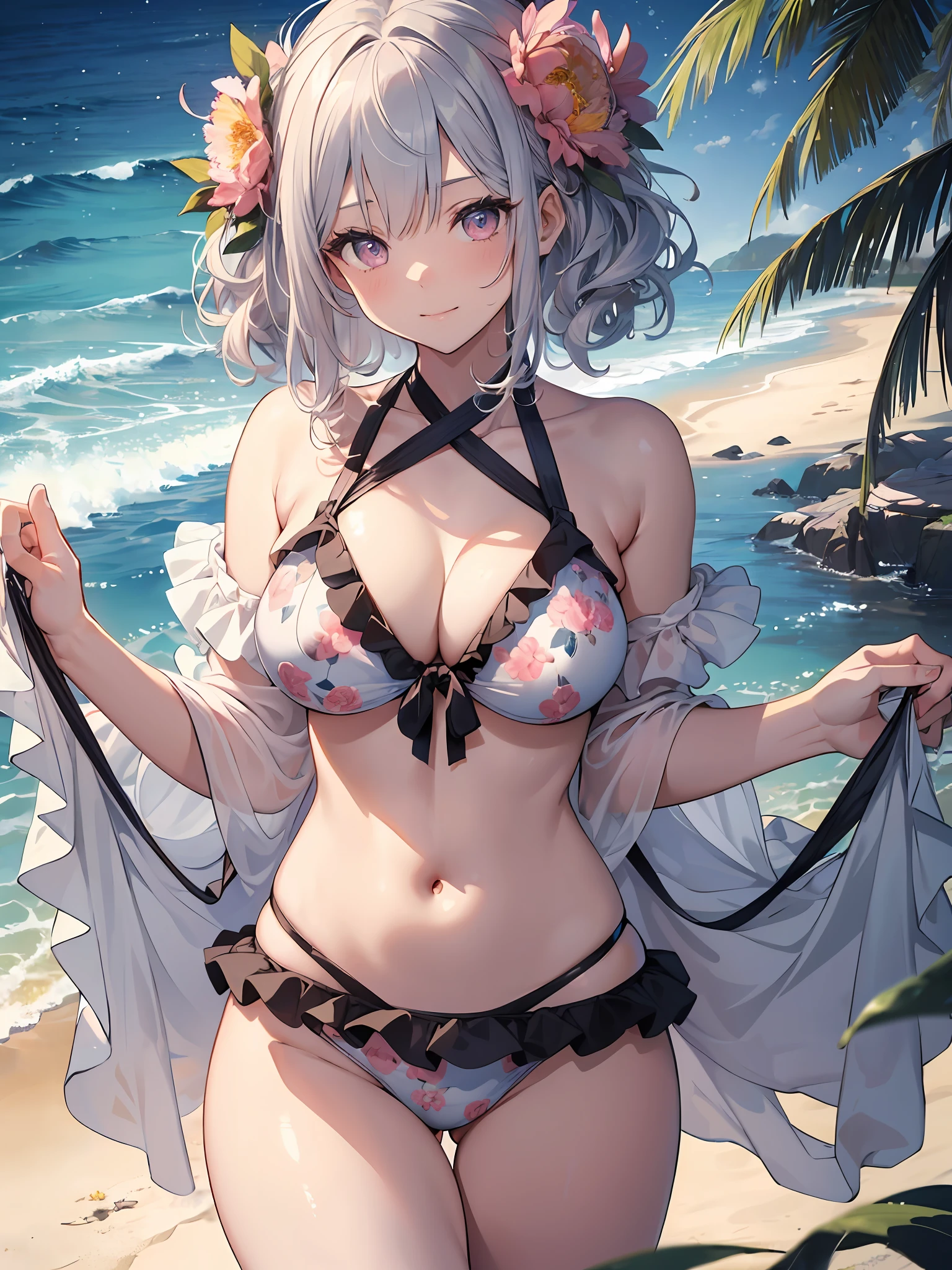 (masterpiece、top-quality、,8K),(extremely detailed CG1.1),1 girl,(close range:1.4),(short silvery curly hair:1.2),Pink eyes、Smile,(Floral ruffled bikini:1.3),large boob,Beautiful skins、Detailed eyes、(long lashes),(abdominals:1.2),Beach,(From above:1.2),dynamic angle ,dynamic pose,Summer light,Intricate details , (Hyper realistic:1.3),Perfect Anatomy