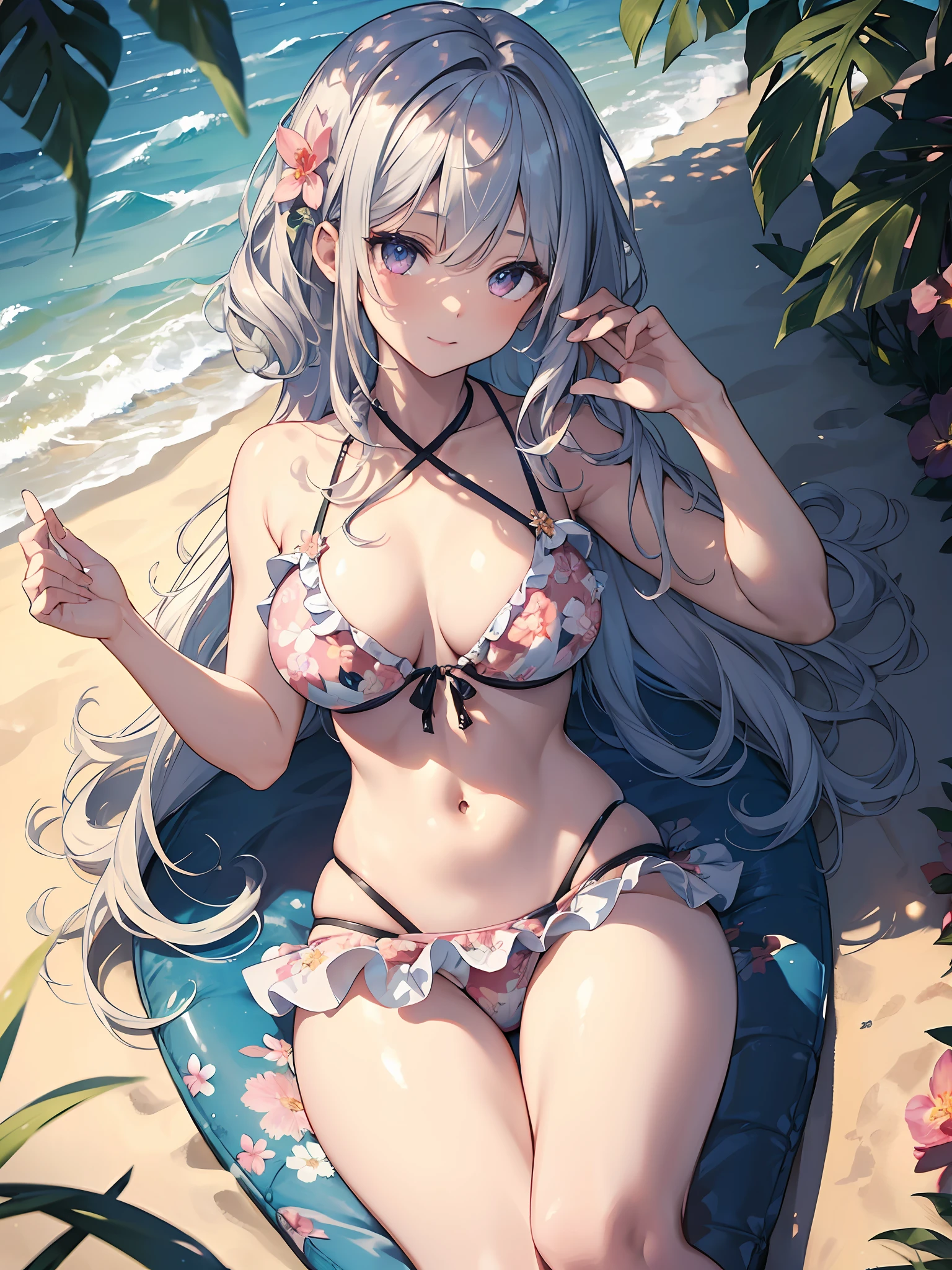 (​masterpiece、top-quality、,8K),(extremely detailed CG1.1),1 girl,(close range:1.4),(short silvery curly hair:1.2),Pink eyes、Smile,(Floral ruffled bikini:1.3),large boob,Beautiful skins、Detailed eyes、(long lashes),(abdominals:1.2),Beach,(From  above:1.2),dynamic angle ,dynamic pose,Summer light,Intricate details , (Hyper realistic:1.3),Perfect Anatomy