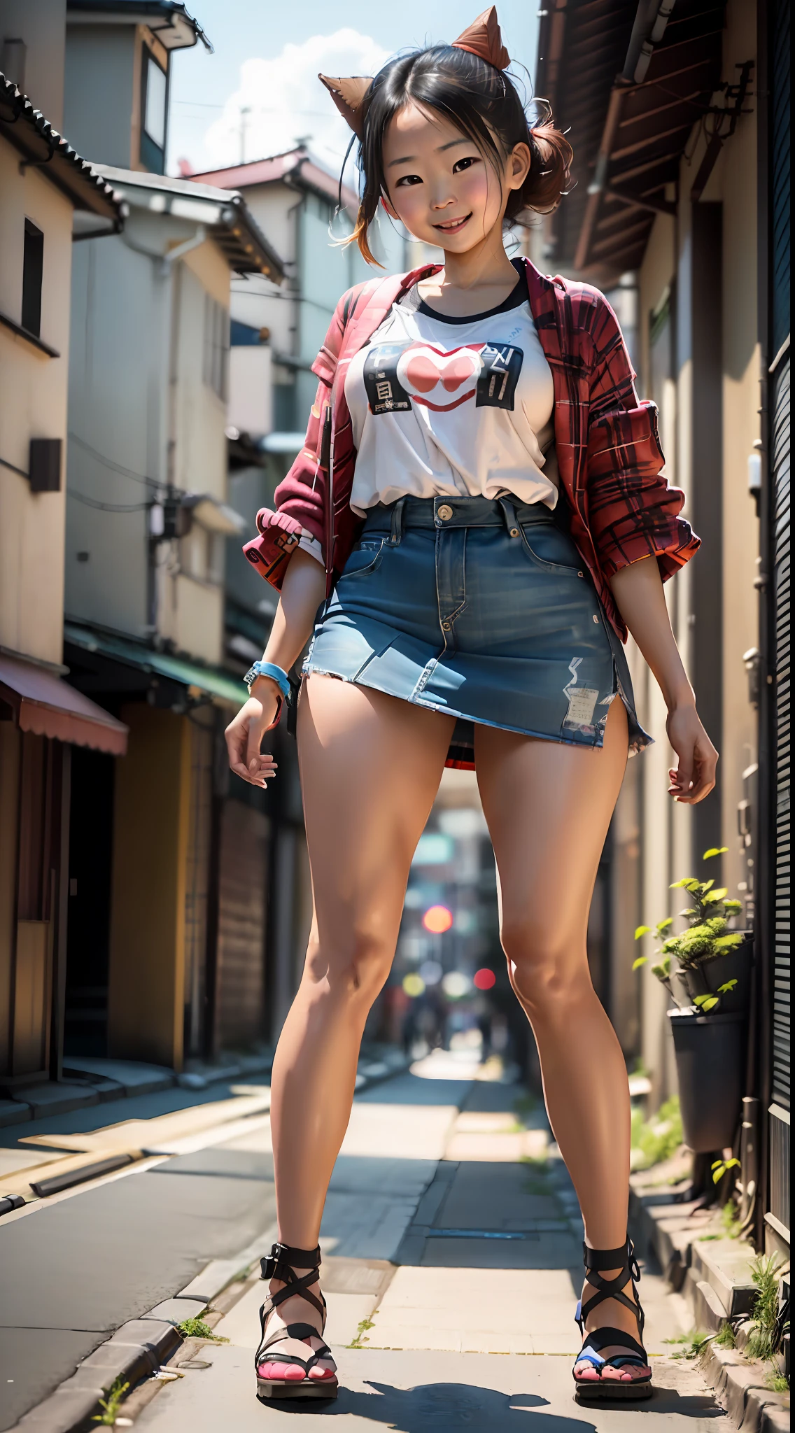 (ultra high definition), (Maximum quality), 8K, obra-prima, (cinematic), menina japonesa, (10 years old), extremamente bonita, muito magra, big forhead, (sozinha), ((full body)), (very detailed face), (very detailed eyes), (wearing a mini skirt), sorriso meigo, (front view), (natural lightting), (em um beco escuro de Osaka)