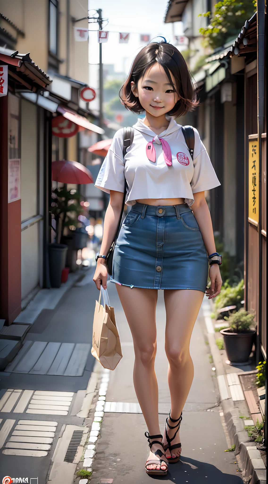 (ultra high definition), (Maximum quality), 8K, obra-prima, (cinematic), menina japonesa, (10 years old), extremamente bonita, muito magra, big forhead, (sozinha), ((full body)), (very detailed face), (very detailed eyes), (wearing a mini skirt), sorriso meigo, (front view), (natural lightting), (em um beco escuro de Osaka)