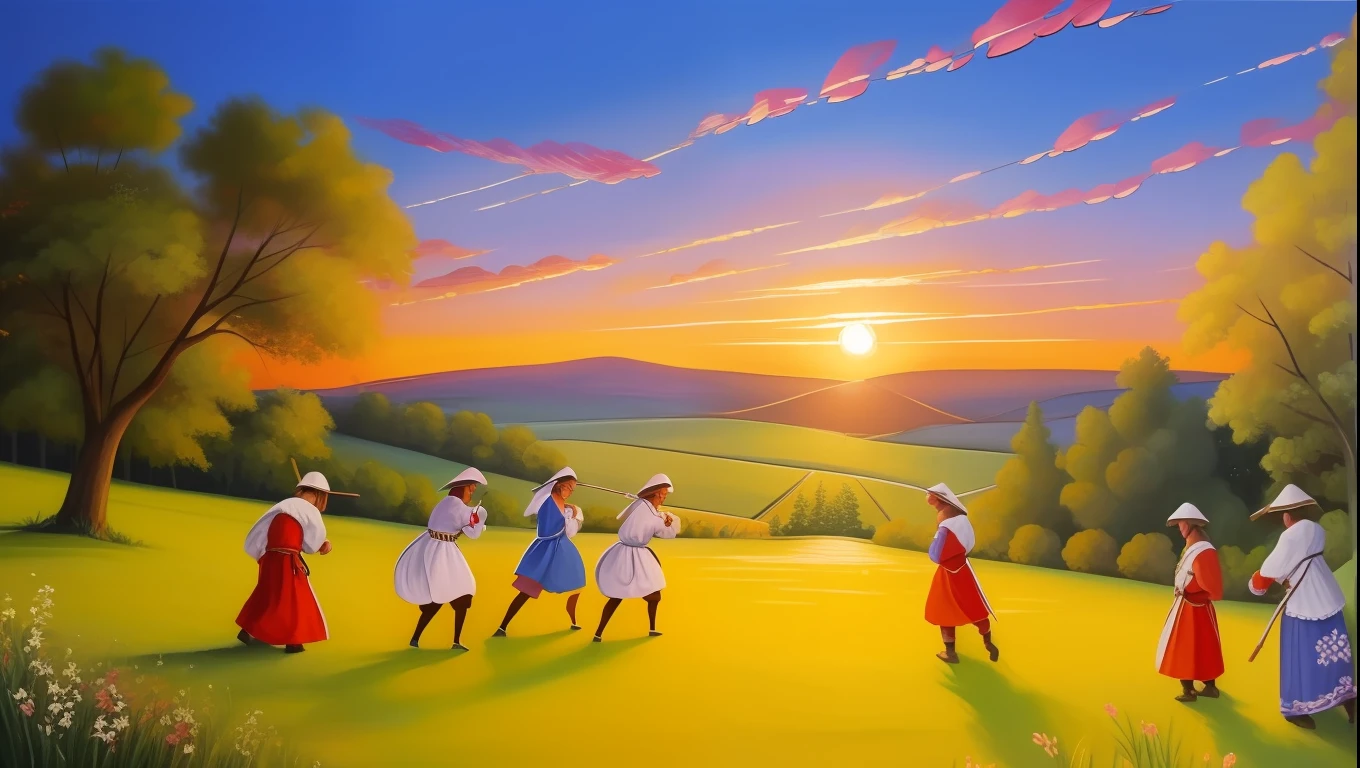 (((Peasant style painting))), Amazing image quality, Serenade at sunset, Grupo musical, tons quentes, Romantic Atmosphere.