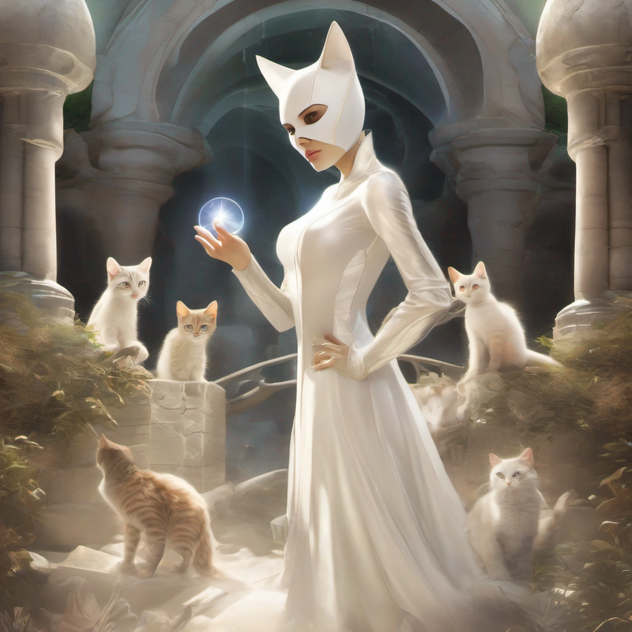 A haunting image of a white catwoman dressed in an elegant attire, reaching for the time portal. The aperture is wide, allowing the cat's silhouette to cast a warm, ethereal glow on the surrounding landscape. The cat's eyes glow with an ethereal depth of field, emphasizing her presence and presencelessness. In the foreground, a group of  play, surrounded by a wide-angle lens and an inviting, abstract composition. wide aperture, standard lens, high dynamic range