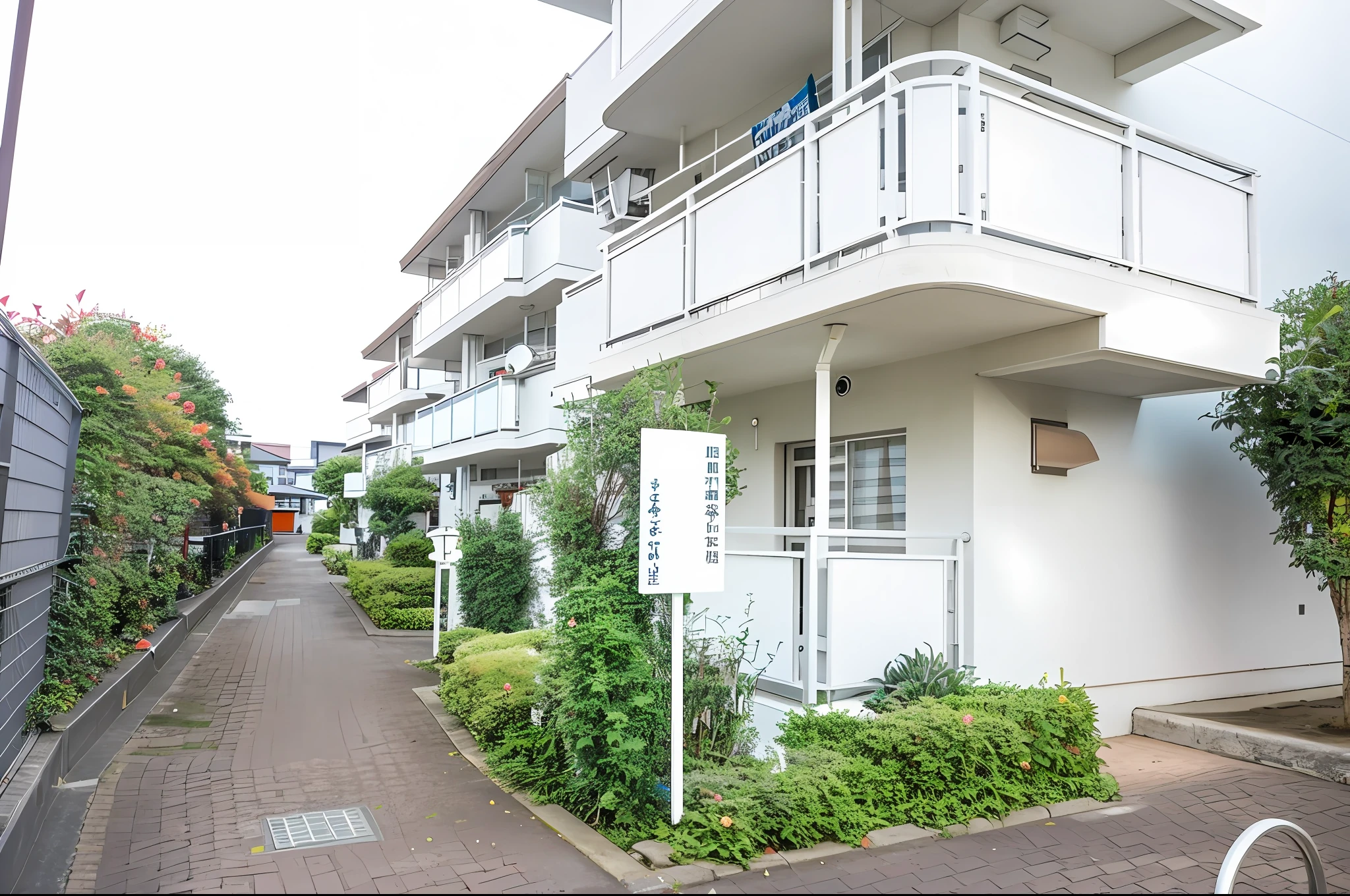 There is a white building with a balcony and a sign on the sidewalk, Residential area, Outside view, outside view, image in center, full building, streetview, view from the street, full device, street level view, Flat!!, sakimichan hdri, taken with sigma 2 0 mm f 1. 4, beautiful image