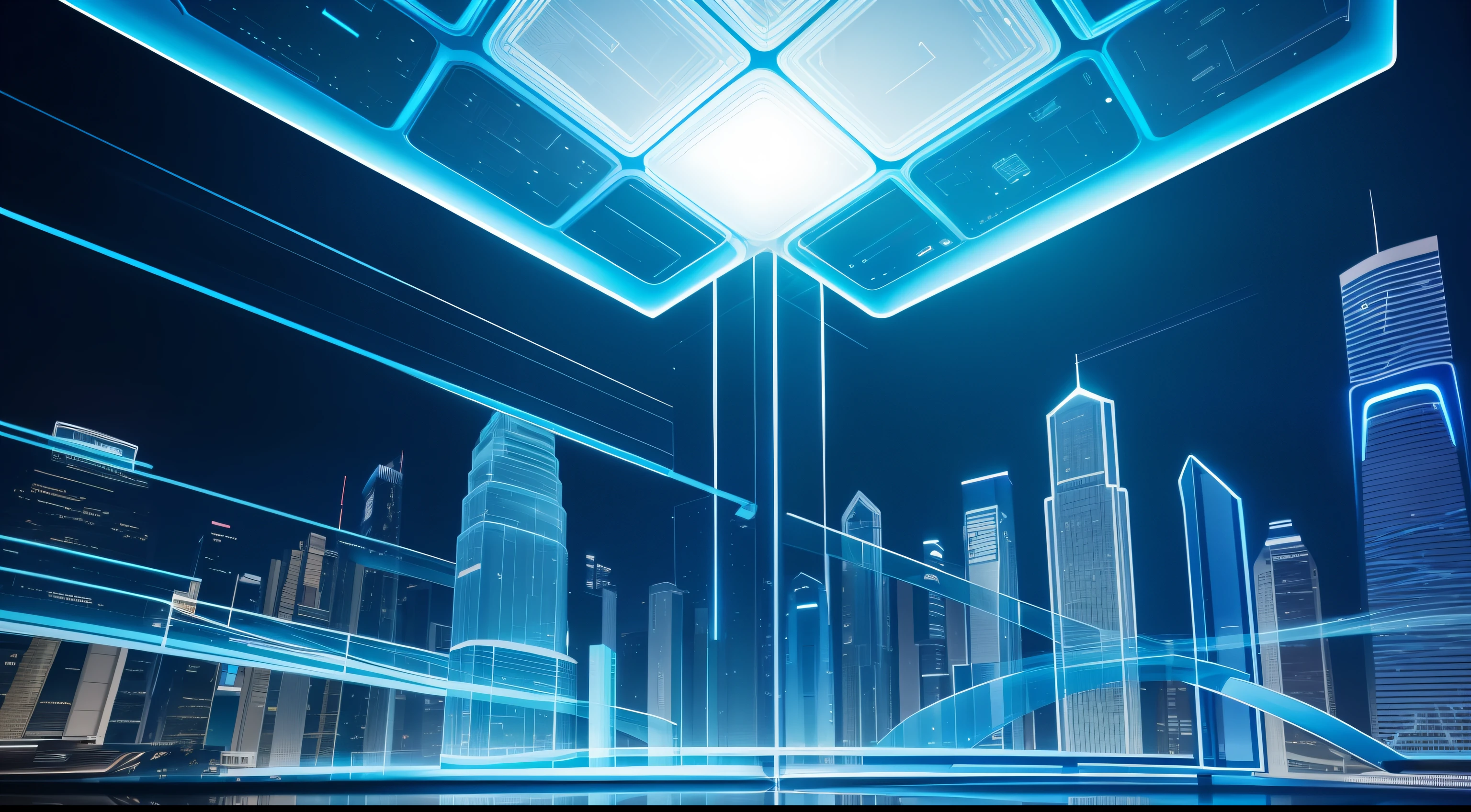 blue colors,Rich and intricate details,Future curve abstract style,Technology elements,AI-generated images of technology present visually appealing futuristic scenarios。In the foreground,The urban complex of the future transparent material is located on smooth transparent panels,Exudes a soft and ethereal glow。Holograms show complex patterns、Visualize data and vibrant colors,It represents the fusion of information and innovation。A high resolution