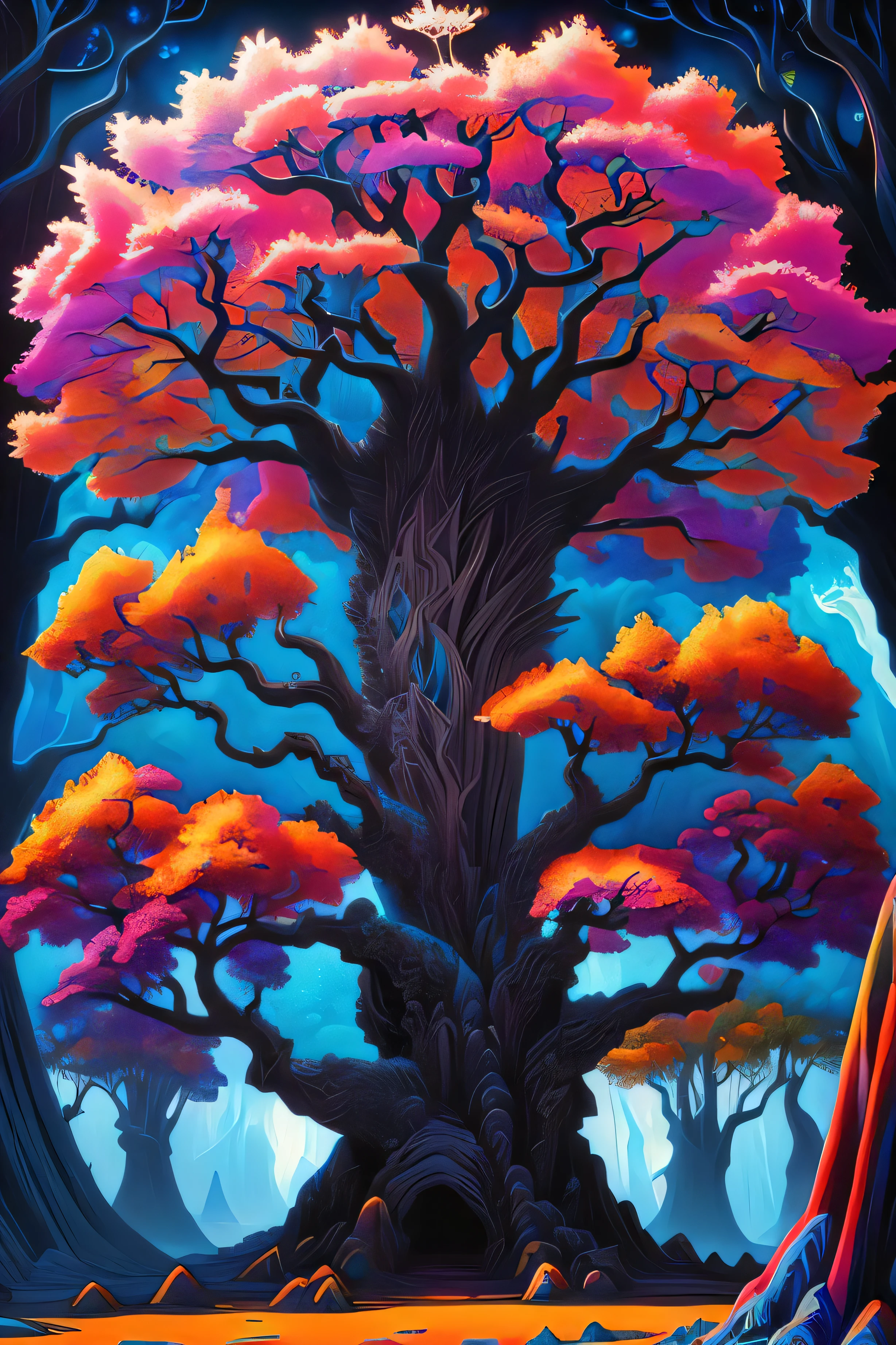 (low contrast ), colorfantasystyle  old painting style, world tree, oversaturated, landscape, giant tree, colorful, highly detailed, high resolution, dramatic lighting, 8k vibrant colors, detailed acrylic, intricate complexity, soft natural volumetric cinematic perfect light, oil painting