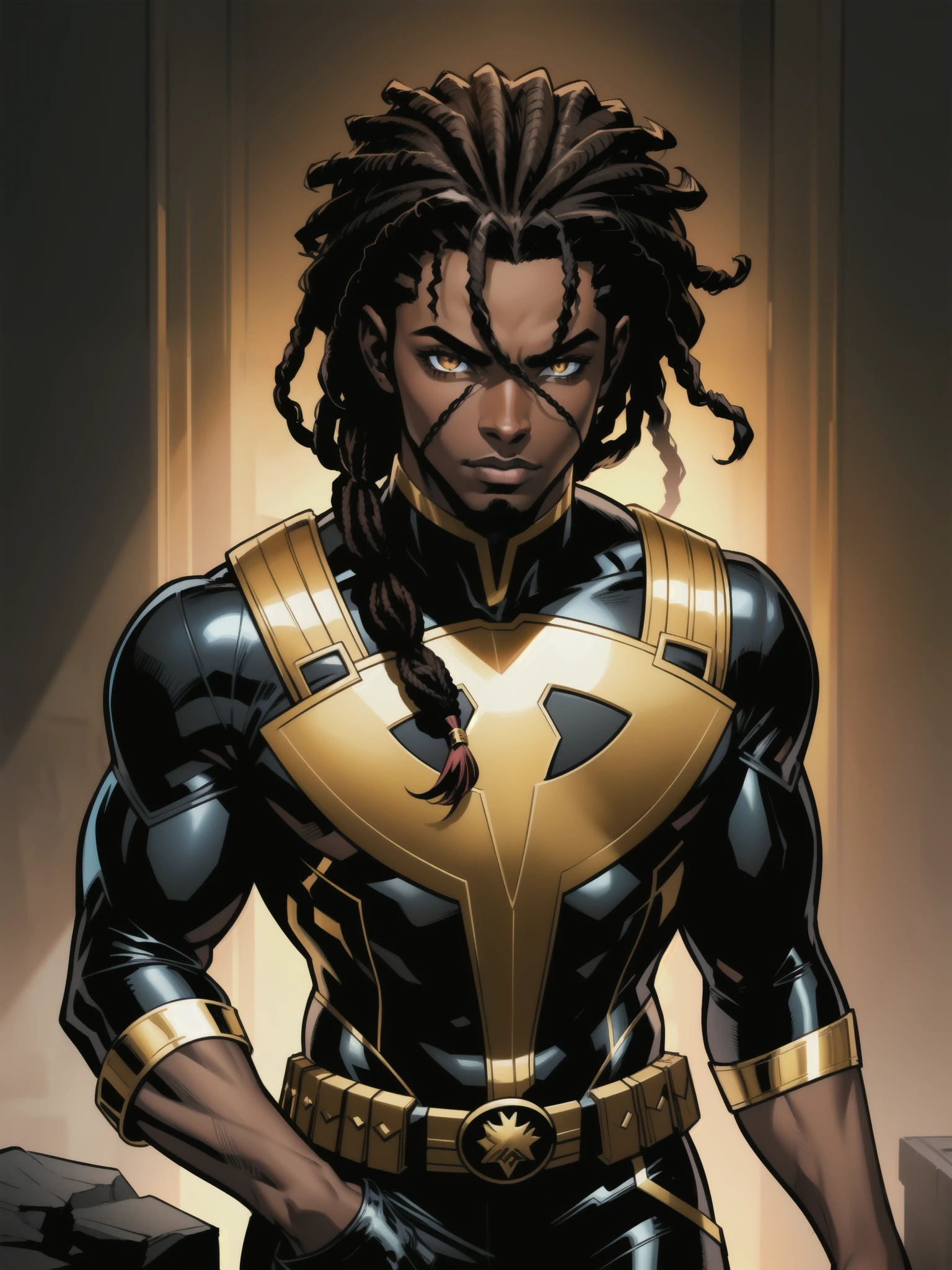 Masterpiece, Excellent, 1boy, solo, complex details, color diffusion, comic book, anime, Marvel, DC, prince, dark skin, ebony, brown skin, dark-skinned male, dark hair, black hair, dreadlocks, golden eyes, epic attire, black attire, assassin, badass, trending, demon, anti-hero, young, royalty