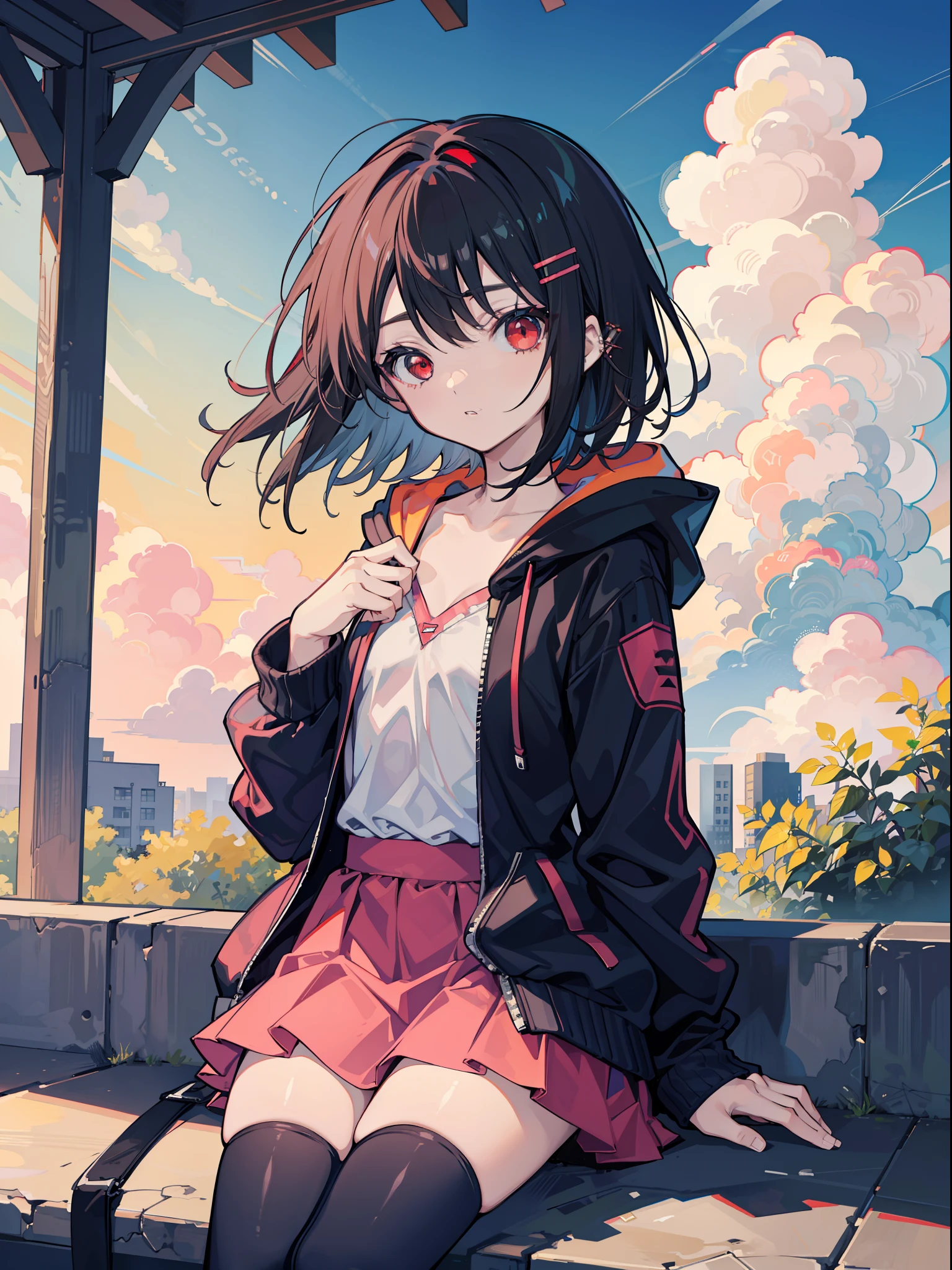 zettai ryouiki, Hoodie,Short hair, Black hair, Flat chest, 1girll, Red eyes,teens girl,hair pin,Solo, Morning,full bodyesbian, A high resolution,cumulonimbus clouds