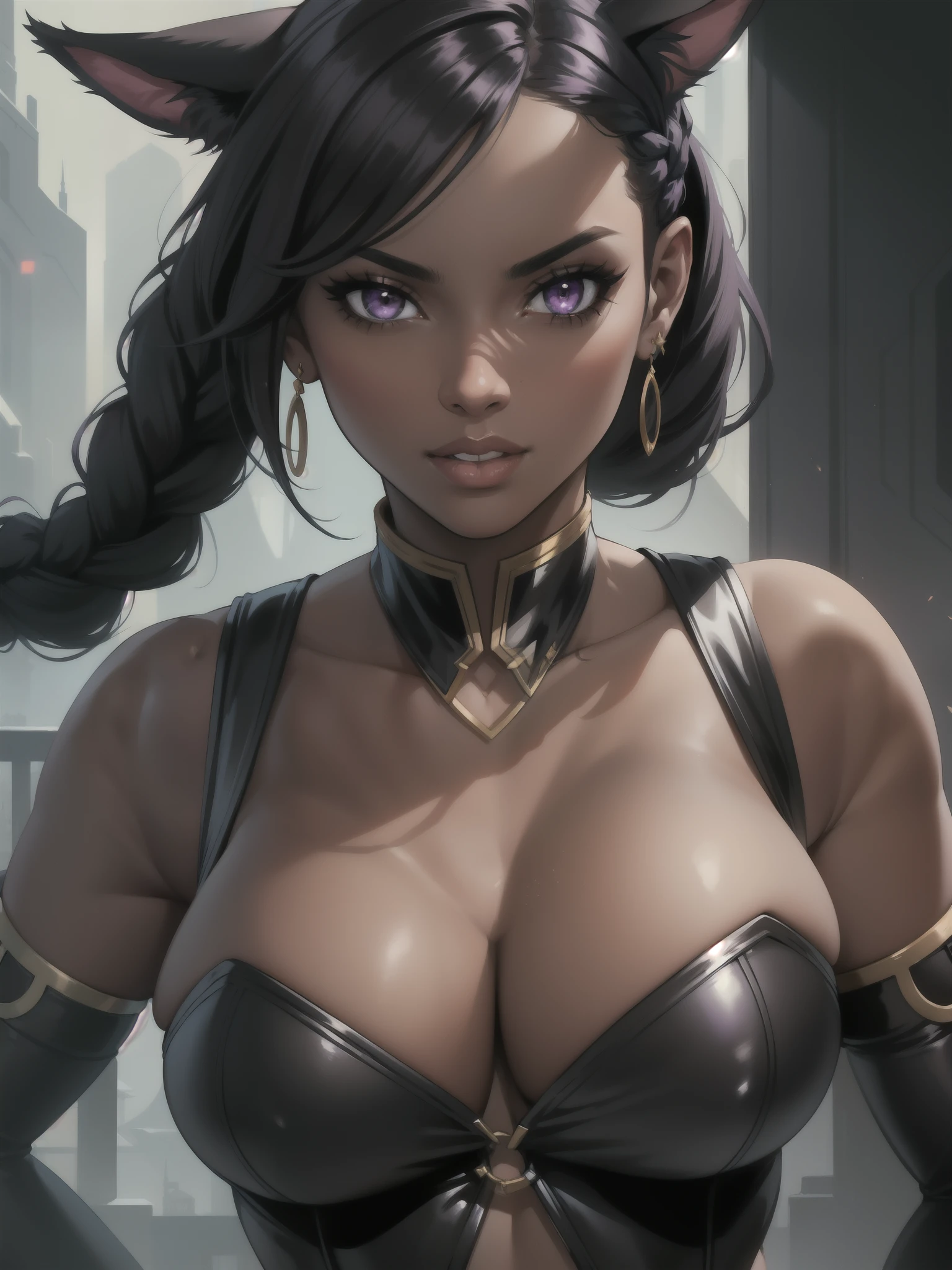 Portrait, Masterpiece, Excellent, 1girl, solo, complex details, color diffusion, close-up, dark-skinned female, Miqo'te female, cat ears, brown skin, black skin, ebony, thighs, black hair, dark hair, braided hair, purple eyes, skimpy attire, epic attire, badass, assassin, demon goddess, super villain, Sci-Fi, Fantasy