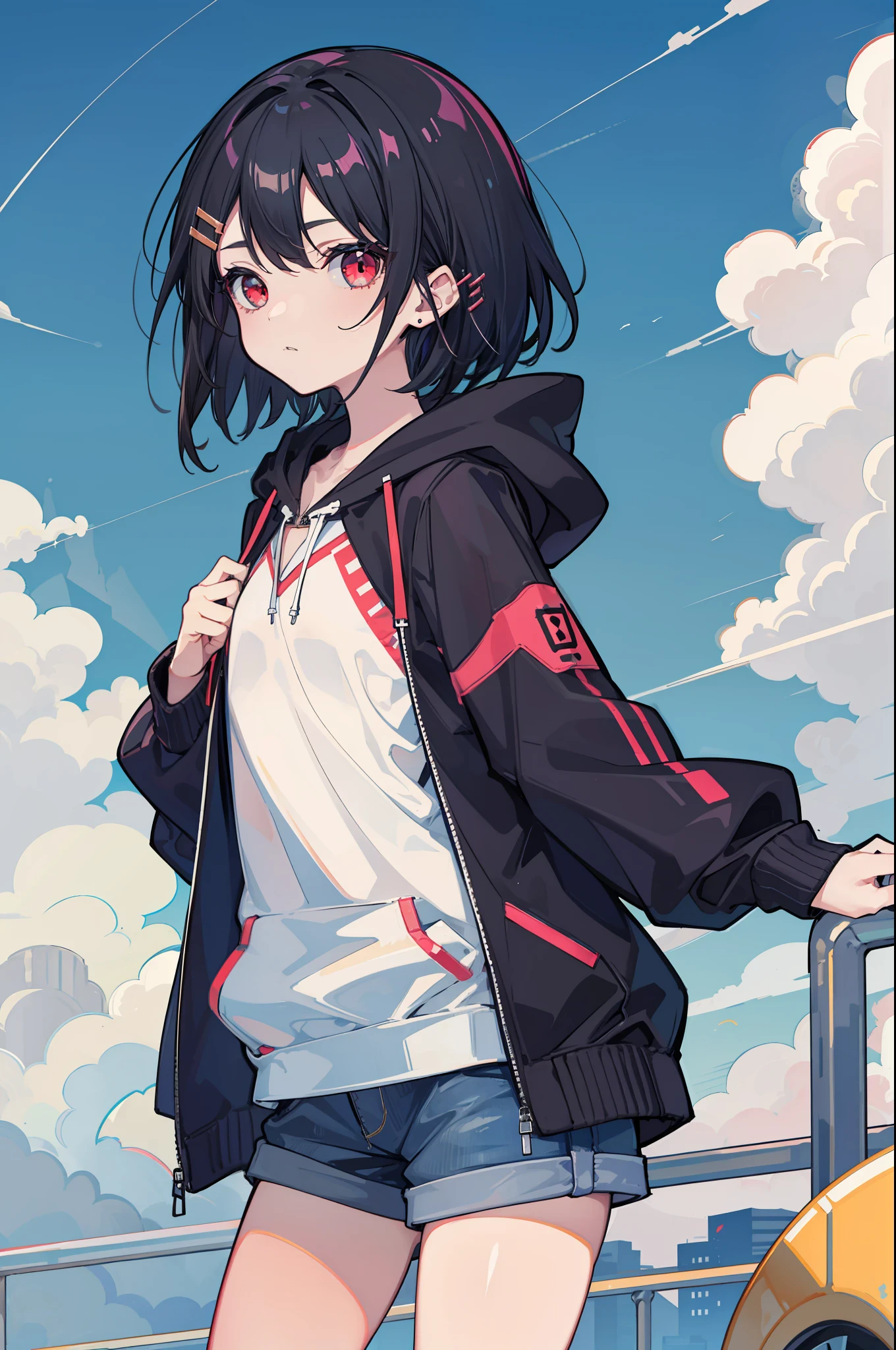 Hoodie,Short hair, Black hair, Flat chest, 1girll, Red eyes,teens girl,hair pin,Solo, Morning,full bodyesbian, A high resolution,cumulonimbus clouds