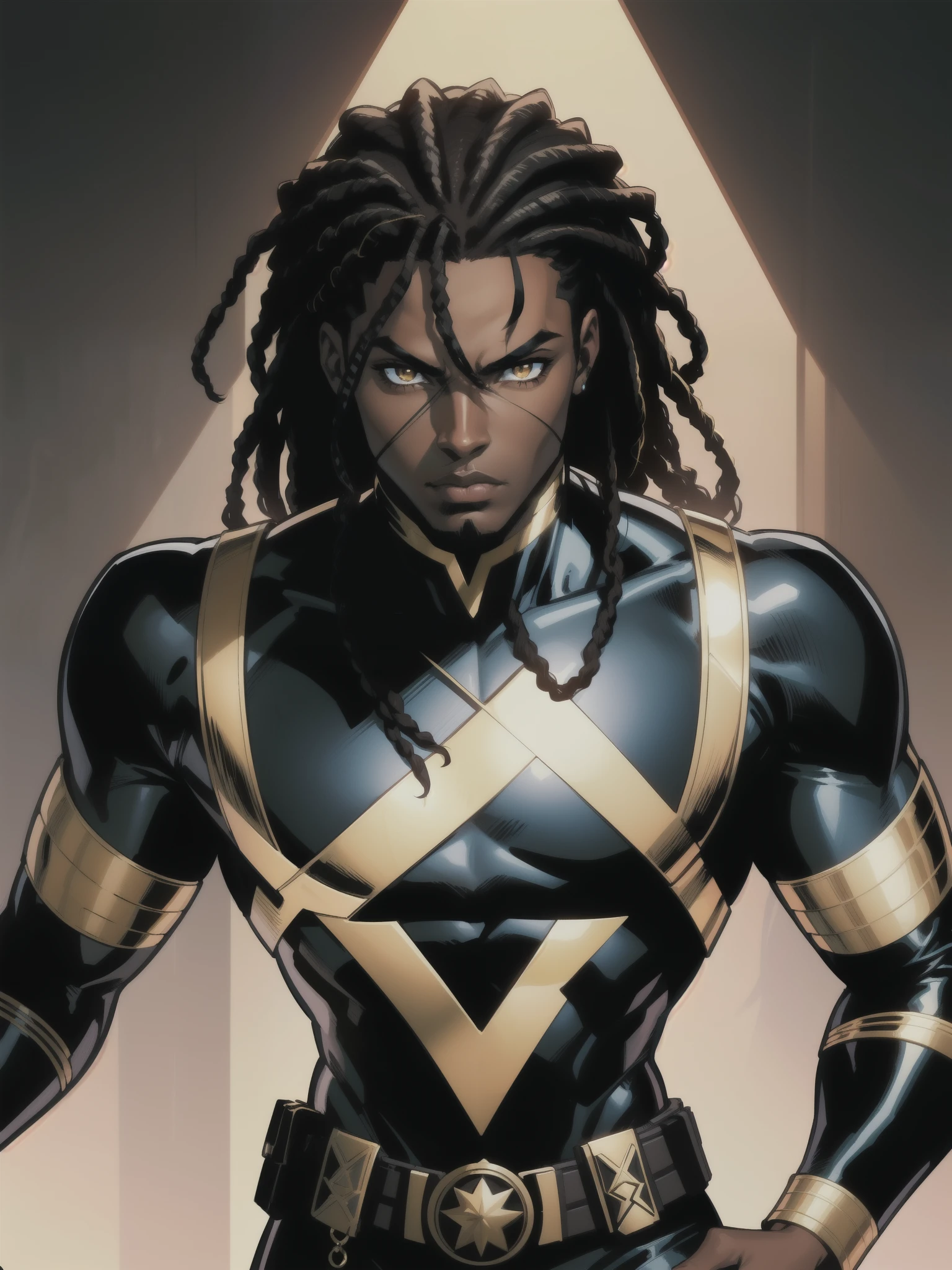 Masterpiece, Excellent, 1boy, solo, complex details, color diffusion, comic book, anime, Marvel, DC, prince, dark skin, ebony, brown skin, dark-skinned male, dark hair, black hair, dreadlocks, golden eyes, epic attire, black attire, assassin, badass, trending, demon, anti-hero, young, royalty