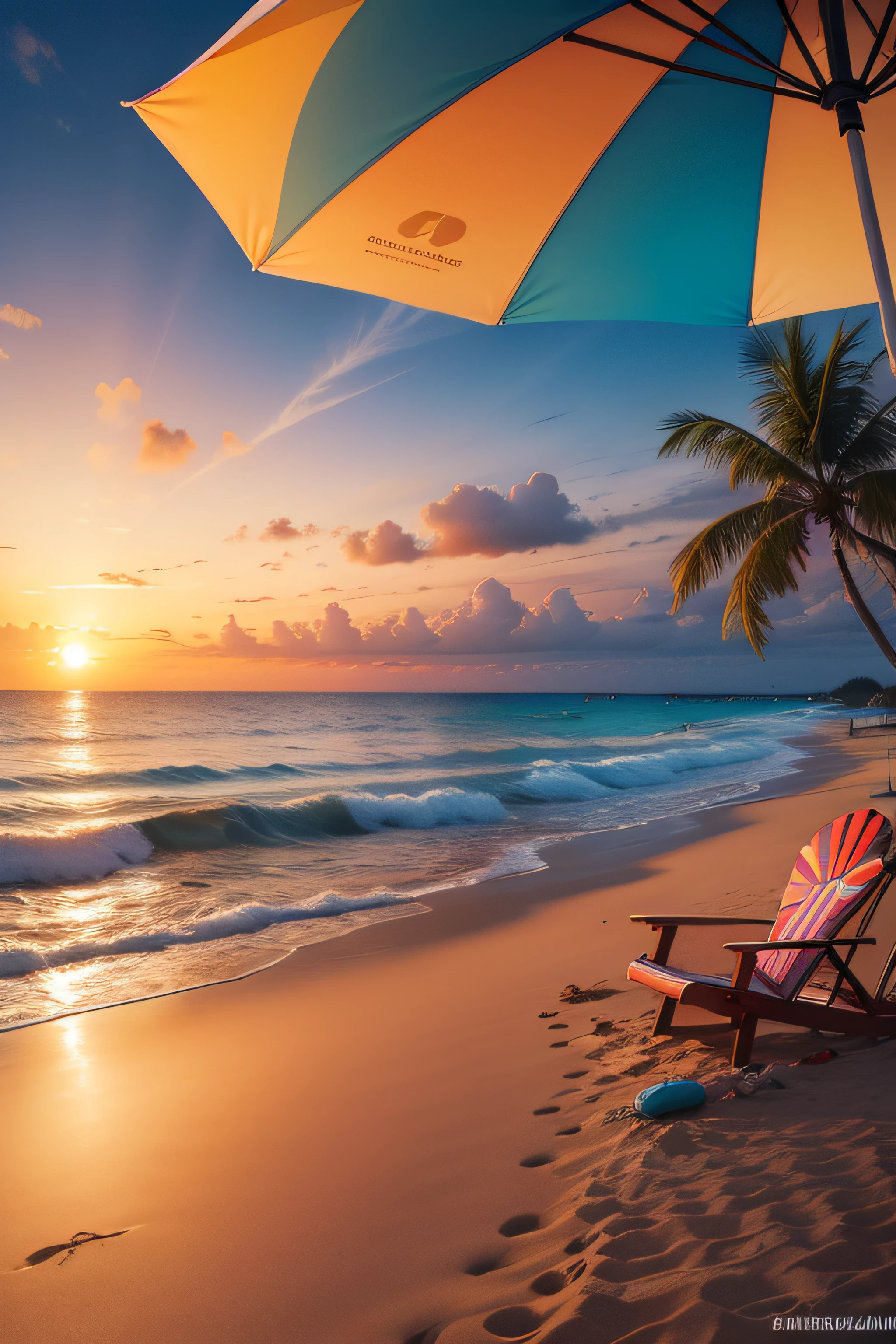 Realistic and detailed image of a paradisiacal beach with several parasol and beach chair, sem nenhuma pessoa, com o por do sol ao fundo
