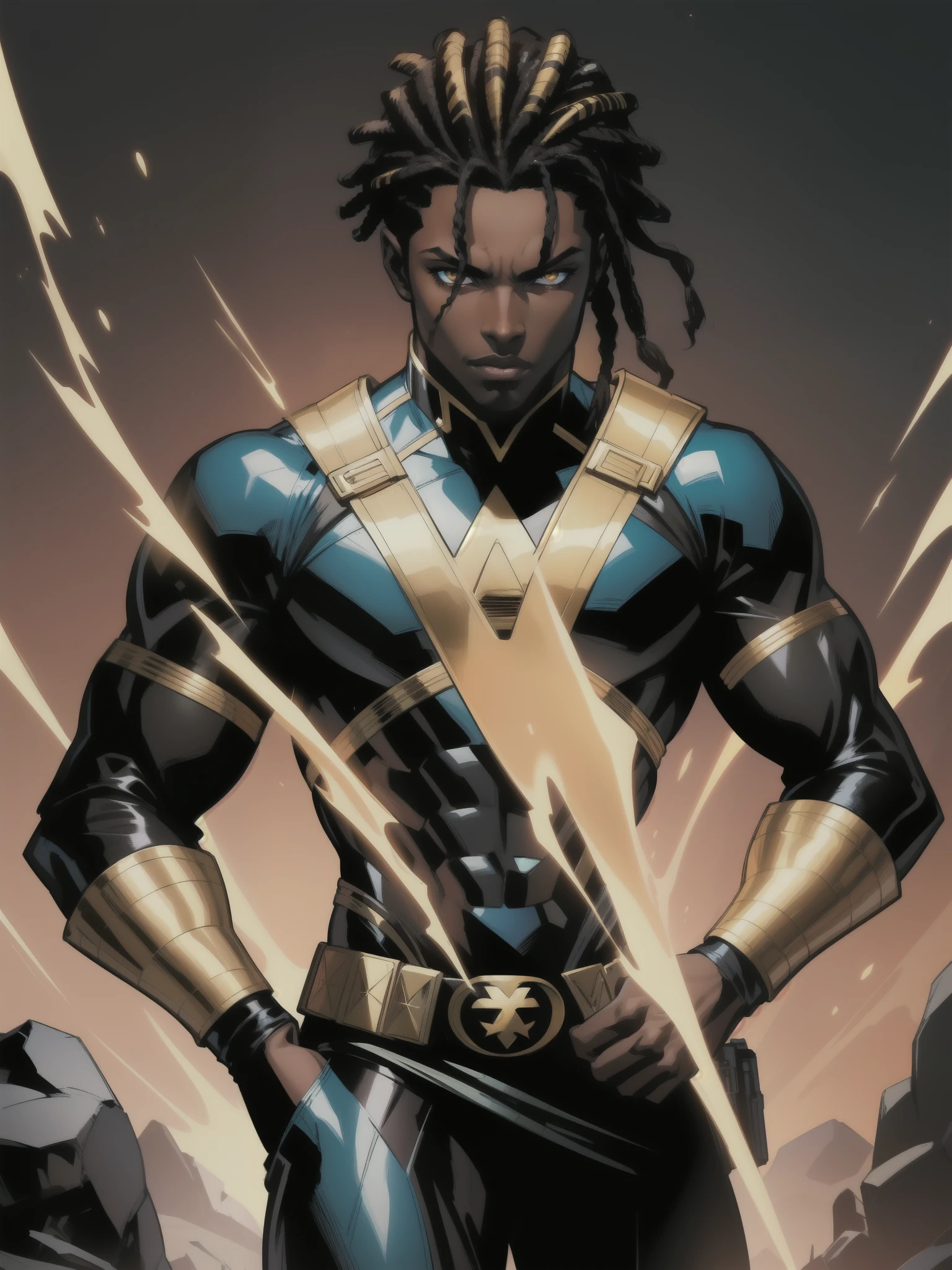 Masterpiece, Excellent, 1boy, solo, complex details, color diffusion, comic book, anime, Marvel, DC, prince, dark skin, ebony, brown skin, dark-skinned male, dark hair, black hair, dreadlocks, golden eyes, epic attire, black attire, assassin, badass, trending, demon, anti-hero, young, royalty