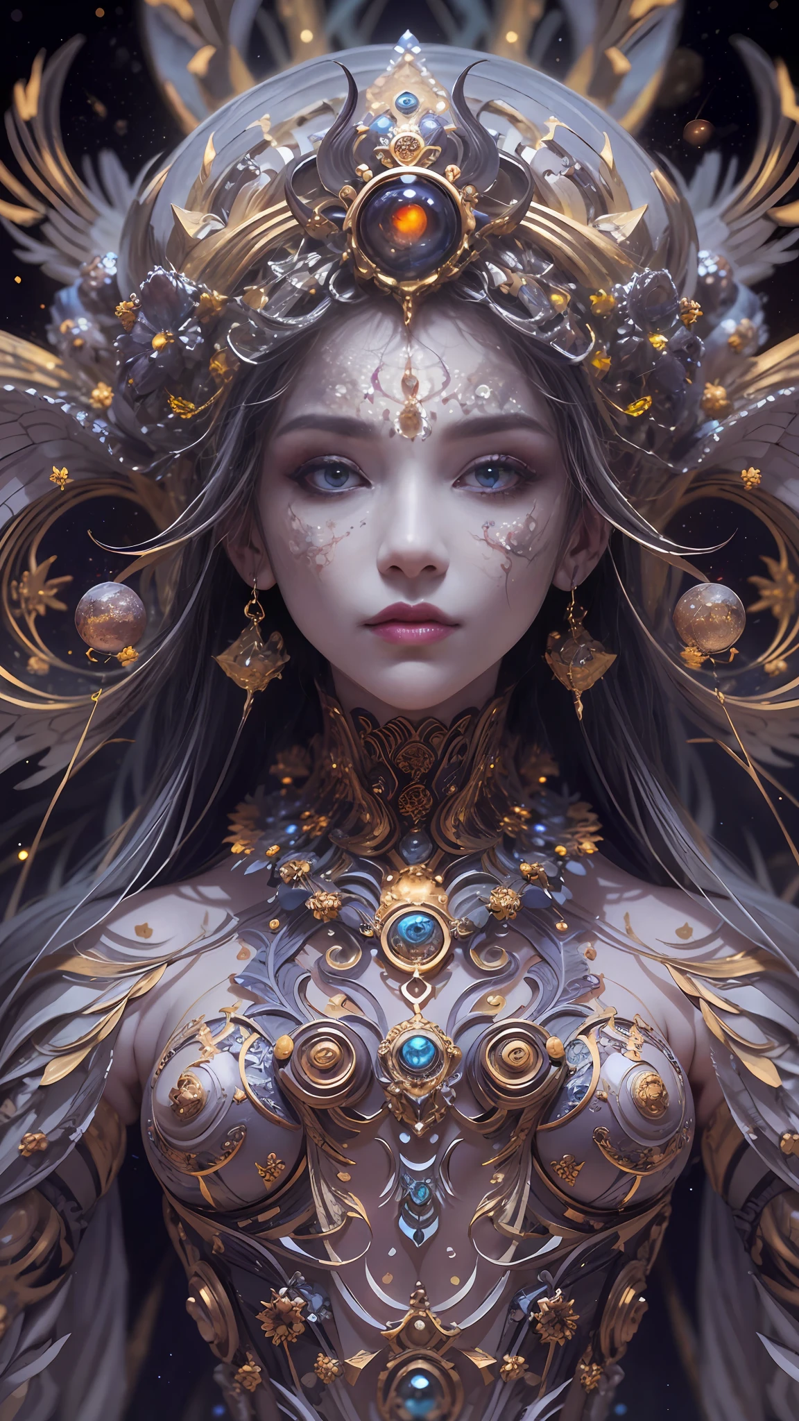 （best qualtiy，ultra - detailed，Most Best Illustration，Best shadow，tmasterpiece，A high resolution，professionalartwork，famousartwork），Detailed eyes，beautidful eyes，closeup cleavage，sci-fy，colored sclera，Robot eyes，face markings，Tattooed with，（fractalized，Fractal eyes），largeeyes，Wide eyes，（Eye focus），sface focus，Cosmic eyes，Space eyes，Close-up of metal sculpture of a woman with a moon in her hair，goddes。extremly high detail，3 d goddess portrait，Extremely detailed footage of the goddess，a stunning portrait of a goddess，Side portrait of the goddess，portrait of a beautiful goddess，Full body close-up portrait of the goddess，hecate goddess，portrait of a norse moon goddess，goddess of space and time