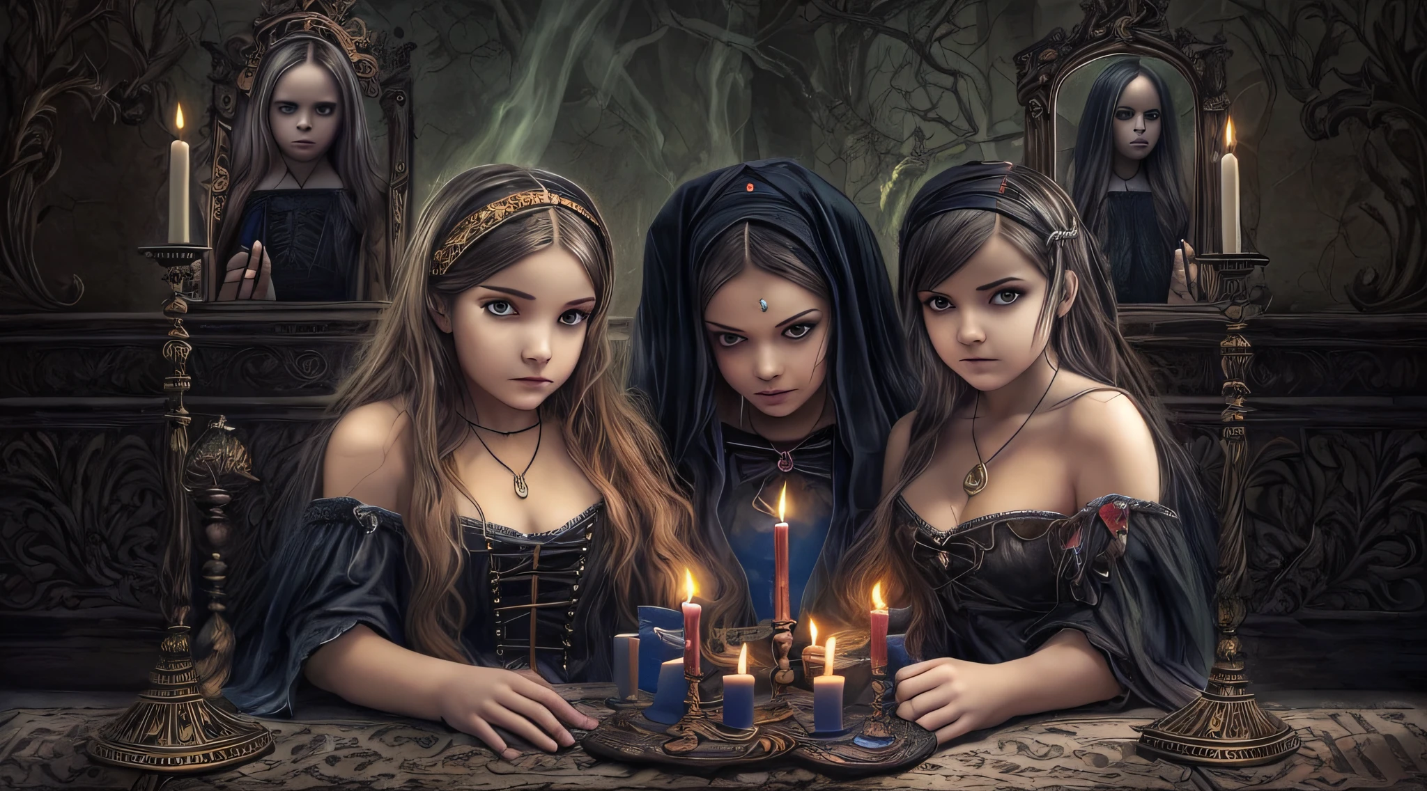 Three girls in Gothic costumes are holding candles and praying, black magic spells, scary horrifying satanic rituals, spell casting, spell casting wizard, Wicca, Bruxas, com poderes de magia negra, !5 three eyed goddesses, em vestes roxas escuras, 3 sisters look into the mirror, kramskoi 4 mil, holy flame spell, Wiccano, with magical powers