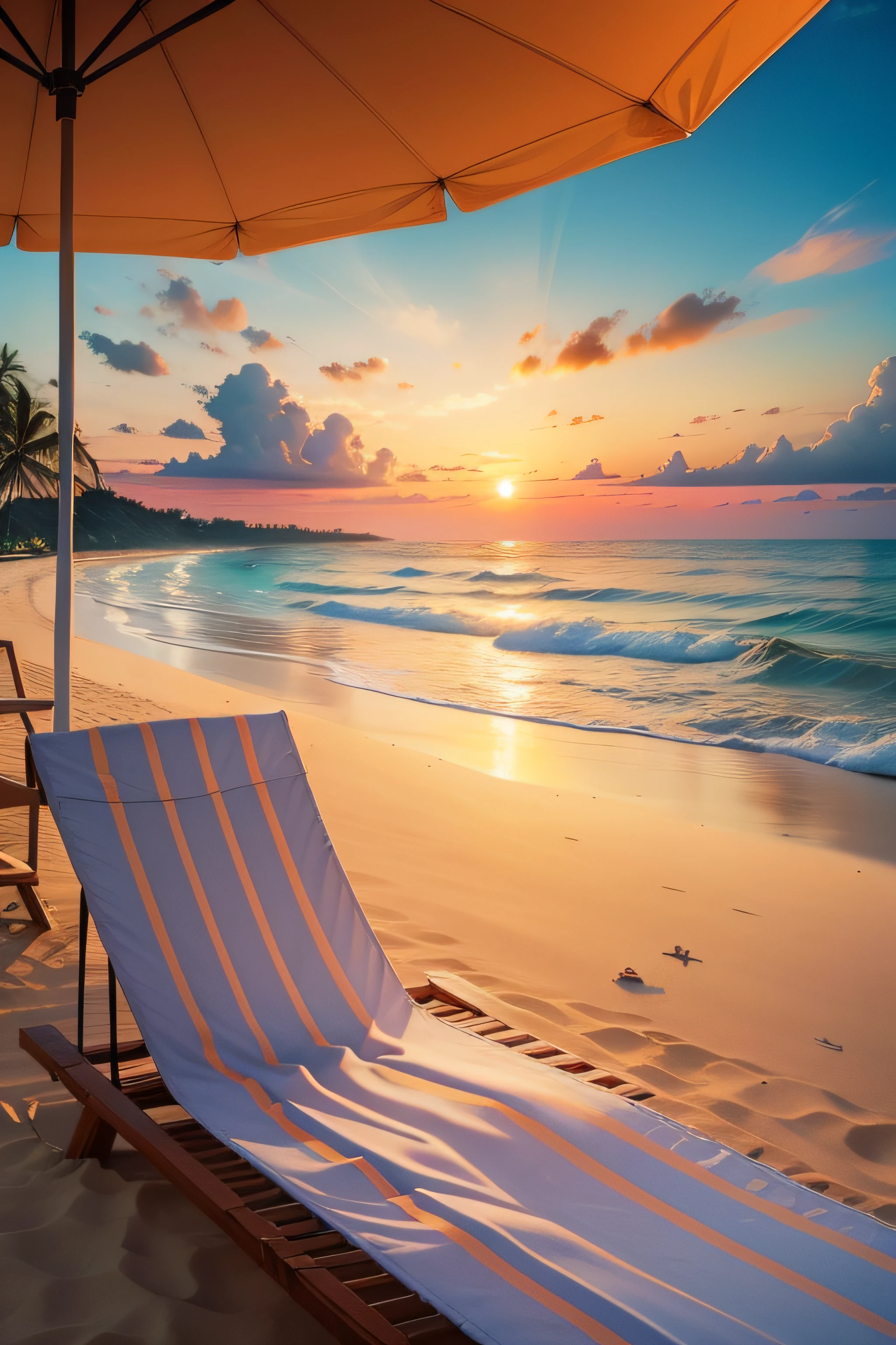 Realistic and detailed image of a paradisiacal beach with several parasol and beach chair, sem nenhuma pessoa, com o por do sol ao fundo