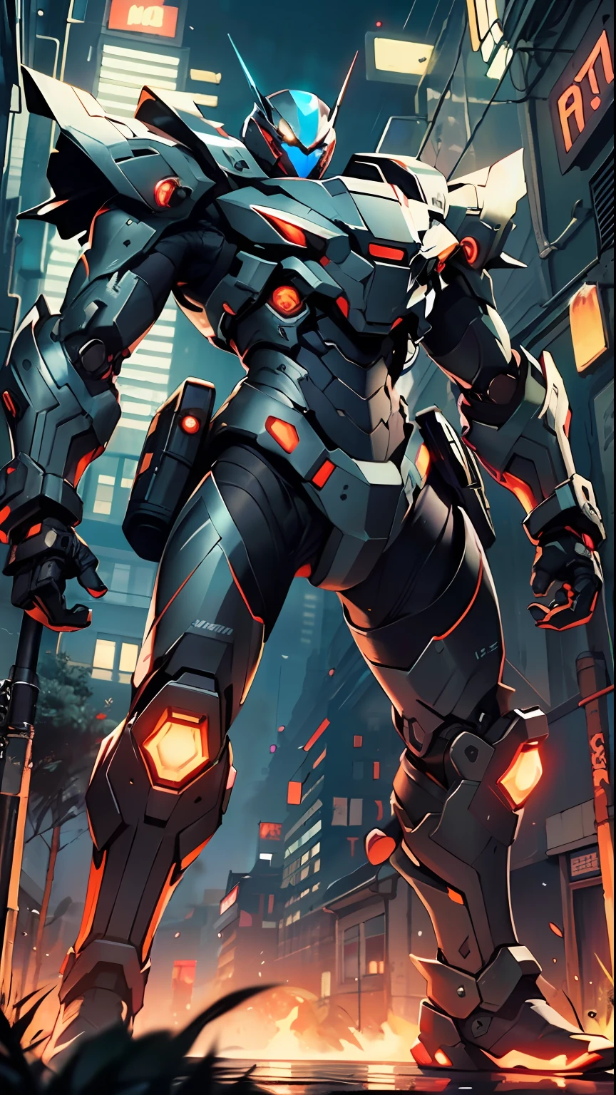 Imposing black plastic metal android robot, three meters tall and with a minimalist design that highlights its marked metallic musculature. His head is smooth and adorned with RGB lights that highlight his uniqueness and futurism.
He carries a metal backpack on his back that contains drones, turrets, and firearms. The backpack has spidery legs that allow it to move quickly.
Although most of his body is a deep, glossy black, there are orange, purple, and blue details that highlight his striking, futuristic design. It is undoubtedly an impressive creation that does not go unnoticed.
(dynamic pose:1.0), solo focus, centered, scale to fit dimensions, Rule of thirds,
outdoors, ((night view)), (cyberpunk night street Background: 1.5,dark sky,alleyway,lonely alley,thick clouds, detailed background:1.25),
(best quality), (high resolution), (sharp focus), (ultra detailed), (extremely detailed), (extremely high quality artwork), 8k_wallpaper, (extremely detailed CG 8k),(very fine 8K CG), ((hyper super ultra detailed perfect piece)), flawless, (((masterpiece))), illustration, vibrant colors, (intricate), High contrast, Selective lighting, Double exposure, HDR (High Dynamic Range), Post-processing, Background blur,