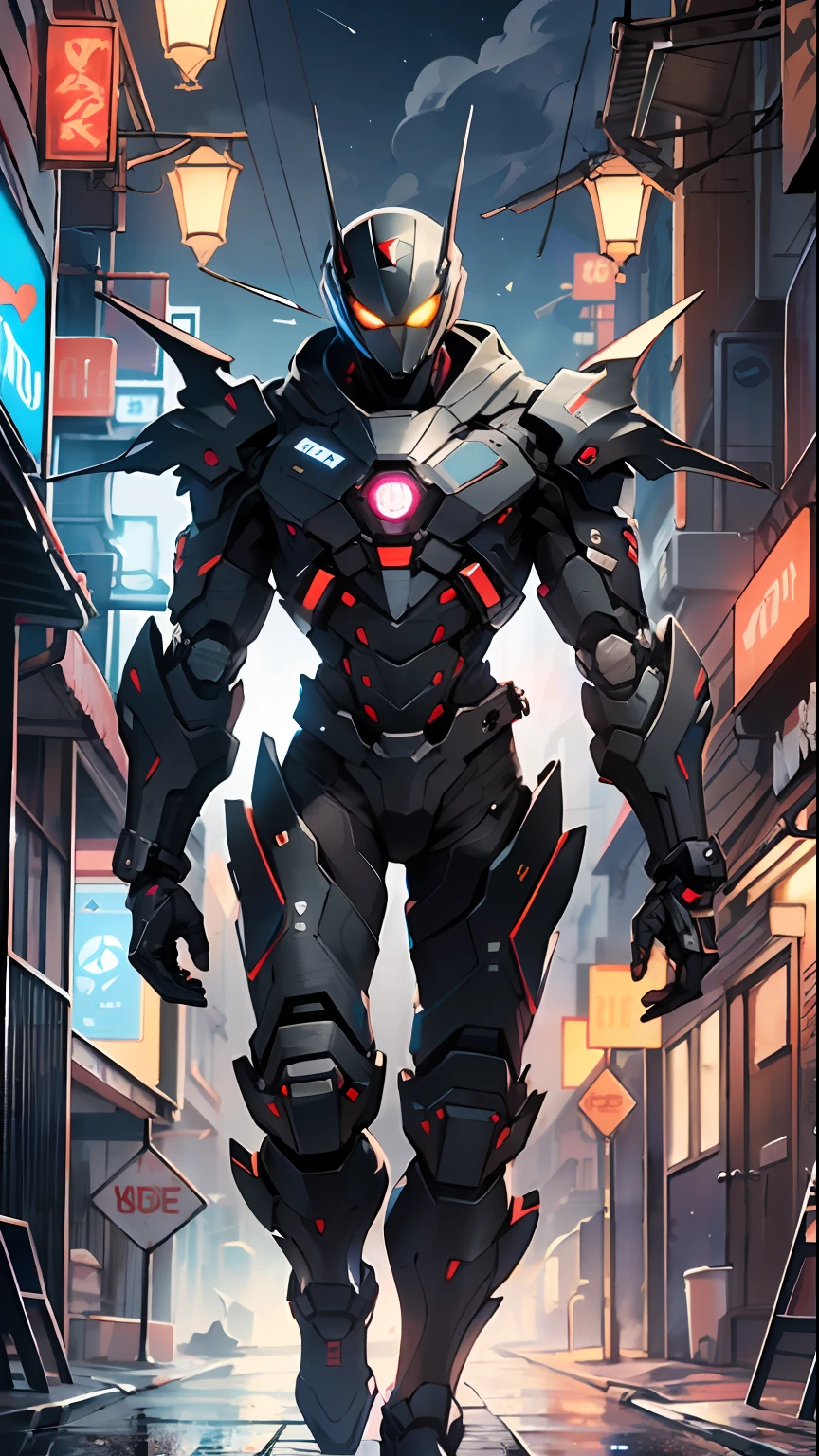 Imposing black plastic metal android robot, three meters tall and with a minimalist design that highlights its marked metallic musculature. His head is smooth and adorned with RGB lights that highlight his uniqueness and futurism.
He carries a metal backpack on his back that contains drones, turrets, and firearms. The backpack has spidery legs that allow it to move quickly.
Although most of his body is a deep, glossy black, there are orange, purple, and blue details that highlight his striking, futuristic design. It is undoubtedly an impressive creation that does not go unnoticed.
(dynamic pose:1.0), solo focus, centered, scale to fit dimensions, Rule of thirds,
outdoors, ((night view)), (cyberpunk night street Background: 1.5,dark sky,alleyway,lonely alley,thick clouds, detailed background:1.25),
(best quality), (high resolution), (sharp focus), (ultra detailed), (extremely detailed), (extremely high quality artwork), 8k_wallpaper, (extremely detailed CG 8k),(very fine 8K CG), ((hyper super ultra detailed perfect piece)), flawless, (((masterpiece))), illustration, vibrant colors, (intricate), High contrast, Selective lighting, Double exposure, HDR (High Dynamic Range), Post-processing, Background blur,