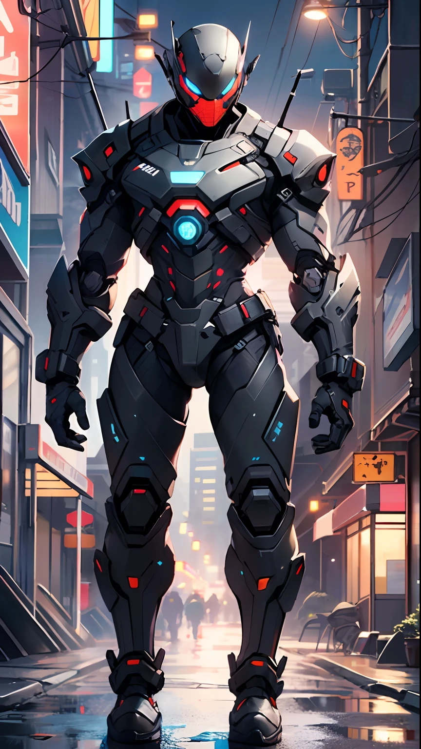 Imposing black plastic metal android robot, three meters tall and with a minimalist design that highlights its marked metallic musculature. His head is smooth and adorned with RGB lights that highlight his uniqueness and futurism.

He carries a metal backpack on his back that contains drones, turrets, and firearms. The backpack has spidery legs that allow it to move quickly.

Although most of his body is a deep, glossy black, there are orange, purple, and blue details that highlight his striking, futuristic design. It is undoubtedly an impressive creation that does not go unnoticed.


(dynamic pose:1.0), solo focus, centered, scale to fit dimensions, Rule of thirds,

outdoors, ((night view)), (cyberpunk night street Background: 1.5,dark sky,alleyway,lonely alley,thick clouds, detailed background:1.25),

(best quality), (high resolution), (sharp focus), (ultra detailed), (extremely detailed), (extremely high quality artwork), 8k_wallpaper, (extremely detailed CG 8k),(very fine 8K CG), ((hyper super ultra detailed perfect piece)), flawless, (((masterpiece))), illustration, vibrant colors,  (intricate), High contrast, Selective lighting, Double exposure, HDR (High Dynamic Range), Post-processing, Background blur,