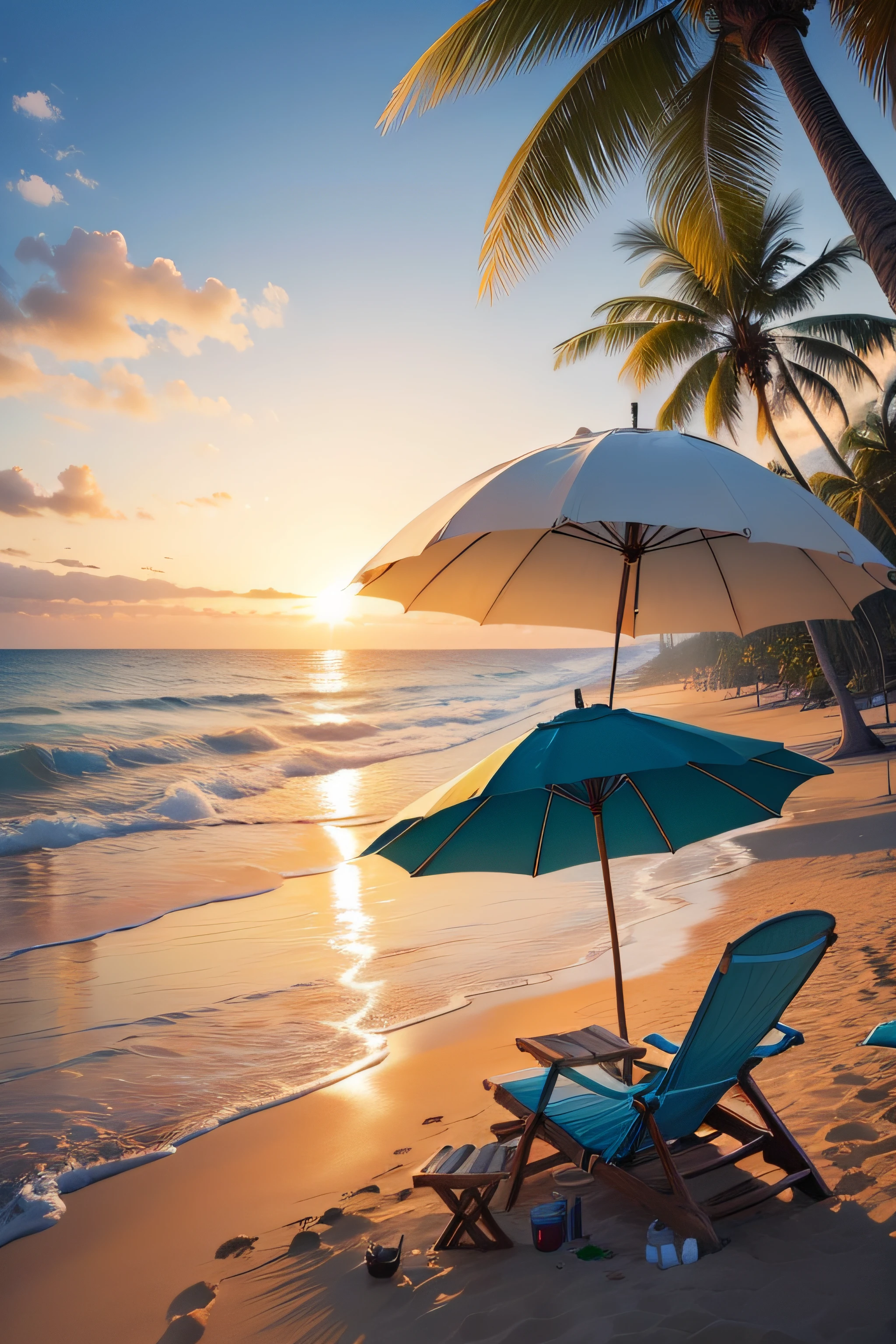 Realistic and detailed image of a paradisiacal beach with several parasol and beach chair, sem nenhuma pessoa, com o por do sol ao fundo