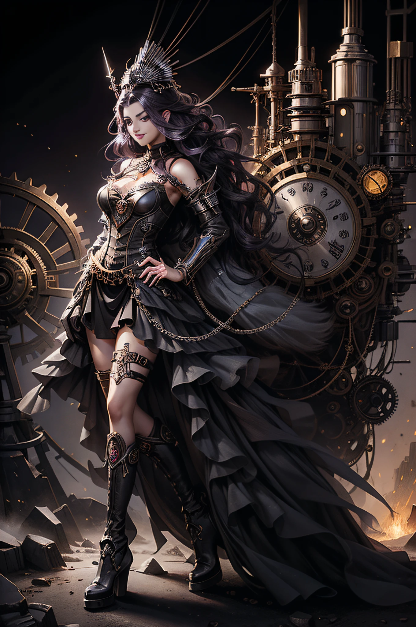 Surrealist steampunk Goddess of Industry. Beautiful young woman with intelligent expression and a grin on her face, light make-up, long wavy dark purple hair, dark grey eyes, dress made with gears and metallic pieces in bronze, silver and black, silver boots. Industrial background. Realistic ray traicing.