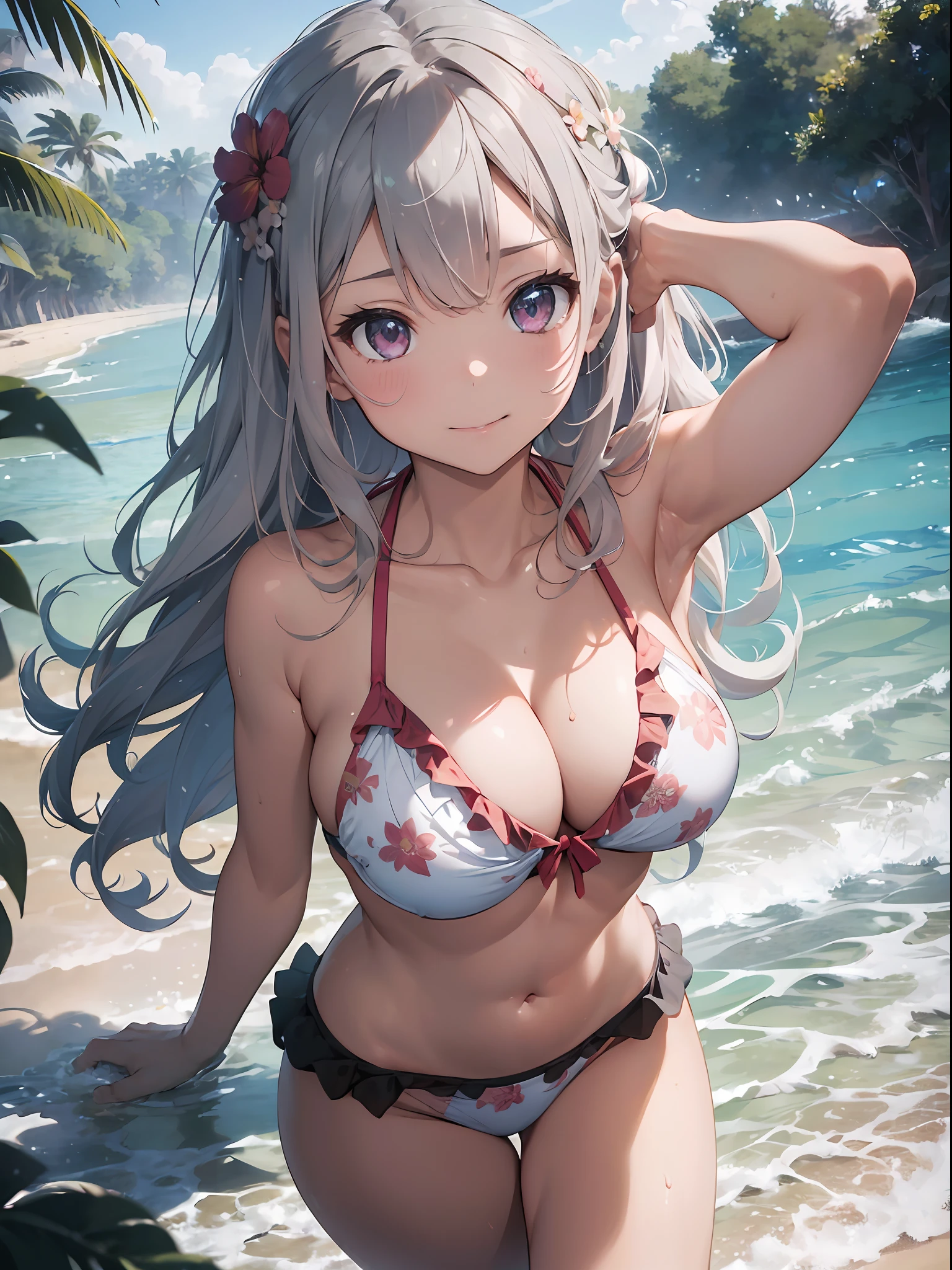 05
(​masterpiece、top-quality、,8K),(extremely detailed CG1.1),1 girl,(close range:1.4),(short silvery curly hair:1.2),Pink eyes、Smile,(Floral ruffled bikini:1.3),large boob,Beautiful skins、Detailed eyes、(long lashes),(abdominals:1.2),Beach,(From  above:1.2),Dynamic Angle ,Dynamic Pose,Summer light,Intricate details , (Hyper realistic:1.3),Perfect Anatomy