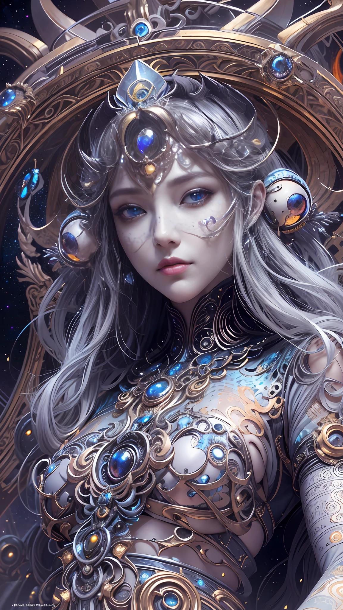 （best qualtiy，ultra - detailed，Most Best Illustration，Best shadow，tmasterpiece，A high resolution，professionalartwork，famousartwork），Detailed eyes，beautidful eyes，closeup cleavage，sci-fy，colored sclera，Robot eyes，face markings，Tattooed with，（fractalized，Fractal eyes），largeeyes，Wide eyes，（Eye focus），sface focus，Cosmic eyes，Space eyes，Close-up of metal sculpture of a woman with a moon in her hair，goddes。extremly high detail，3 d goddess portrait，Extremely detailed footage of the goddess，a stunning portrait of a goddess，Side portrait of the goddess，portrait of a beautiful goddess，Full body close-up portrait of the goddess，hecate goddess，portrait of a norse moon goddess，goddess of space and time