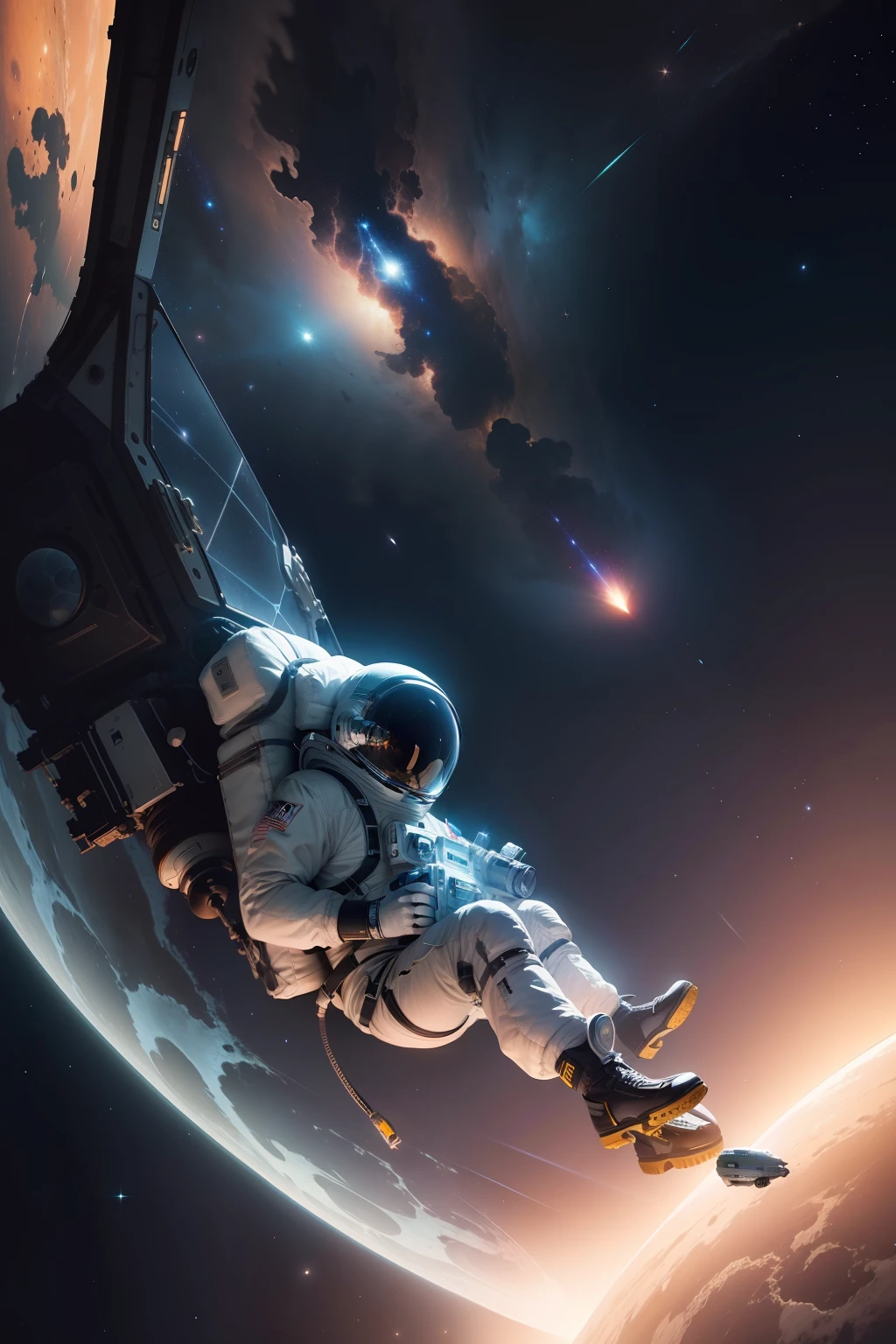 "Aventura Espacial": Illustrate an astronaut floating in space with a viewfinder reflecting the galaxy, um planeta gigante ao fundo e estrelas cintilantes ao redor. Add a futuristic spaceship and distant asteroids to give a sense of space exploration.