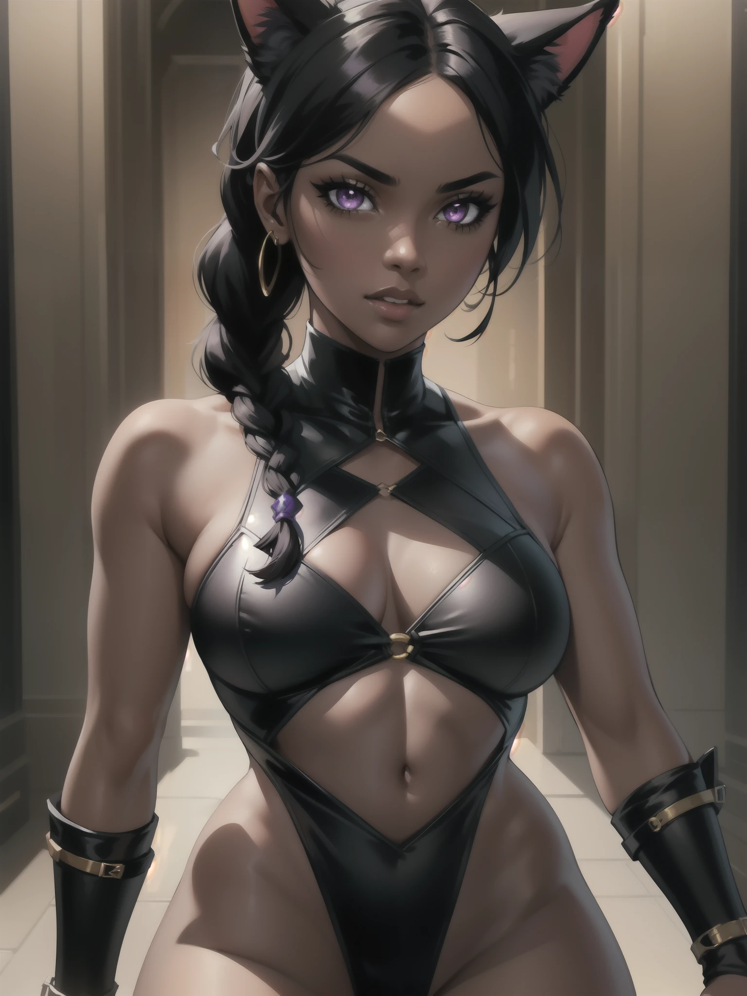 Portrait, Masterpiece, Excellent, 1girl, solo, complex details, color diffusion, close-up, dark-skinned female, Miqo'te female, cat ears, brown skin, black skin, ebony, thighs, black hair, dark hair, braided hair, purple eyes, skimpy attire, epic attire, badass, assin, demon goddess, super villain, Sci-Fi, Fantasy
