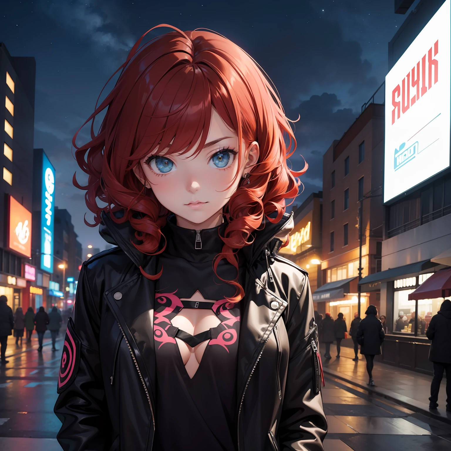 (Master piece, Best Quality),1girl,black jacket,neon,rock punk,redhead,curly hair,at night,