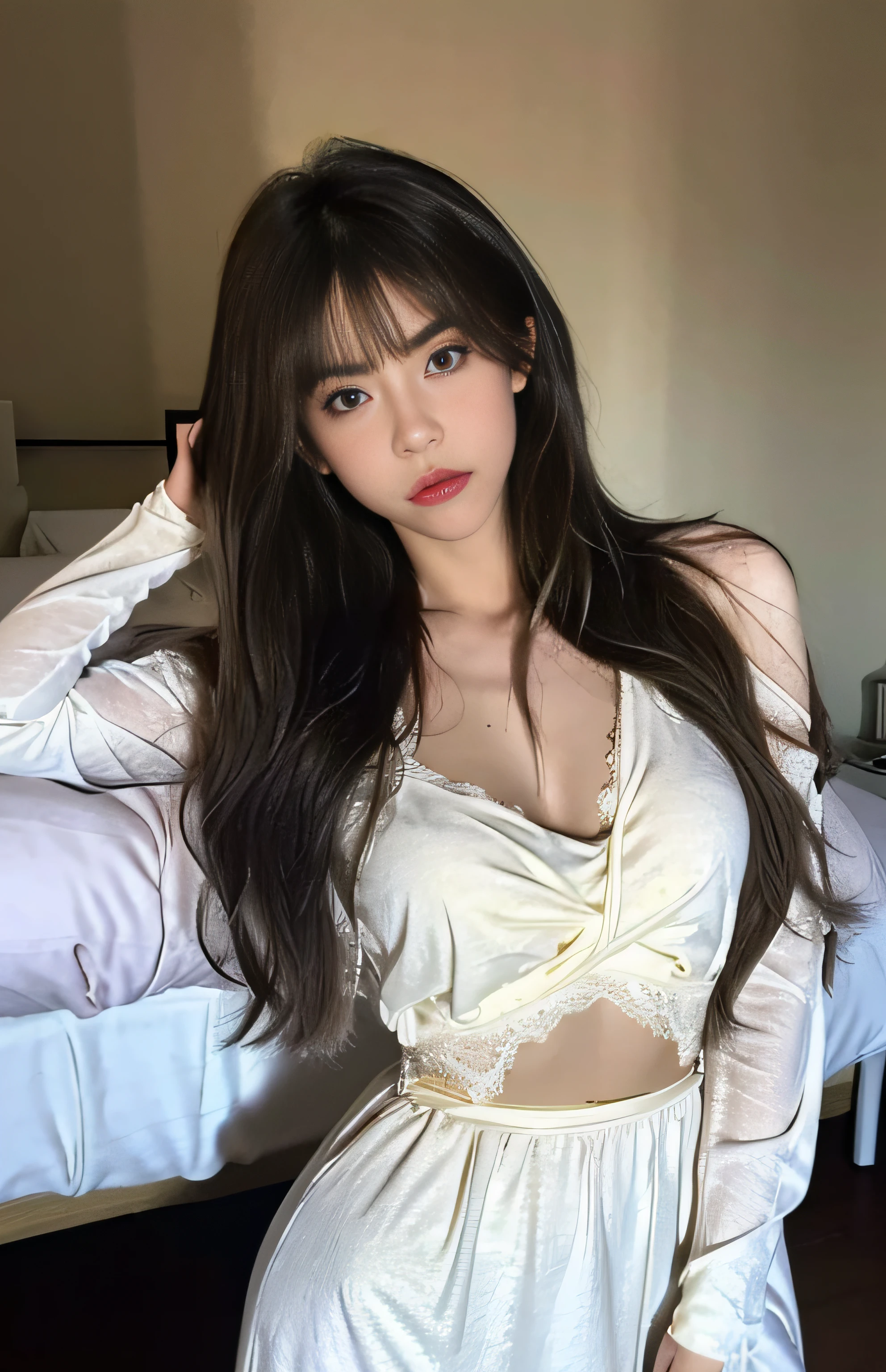 best qualtiy, tmasterpiece, 超高分辨率, (realisticlying:1.4), RAW photogr, 1girll, ((White lace nightgown)), ((smallunderboob)), cold light,dishiveredhair(long whitr hair),Straighten the bridge of the nose
