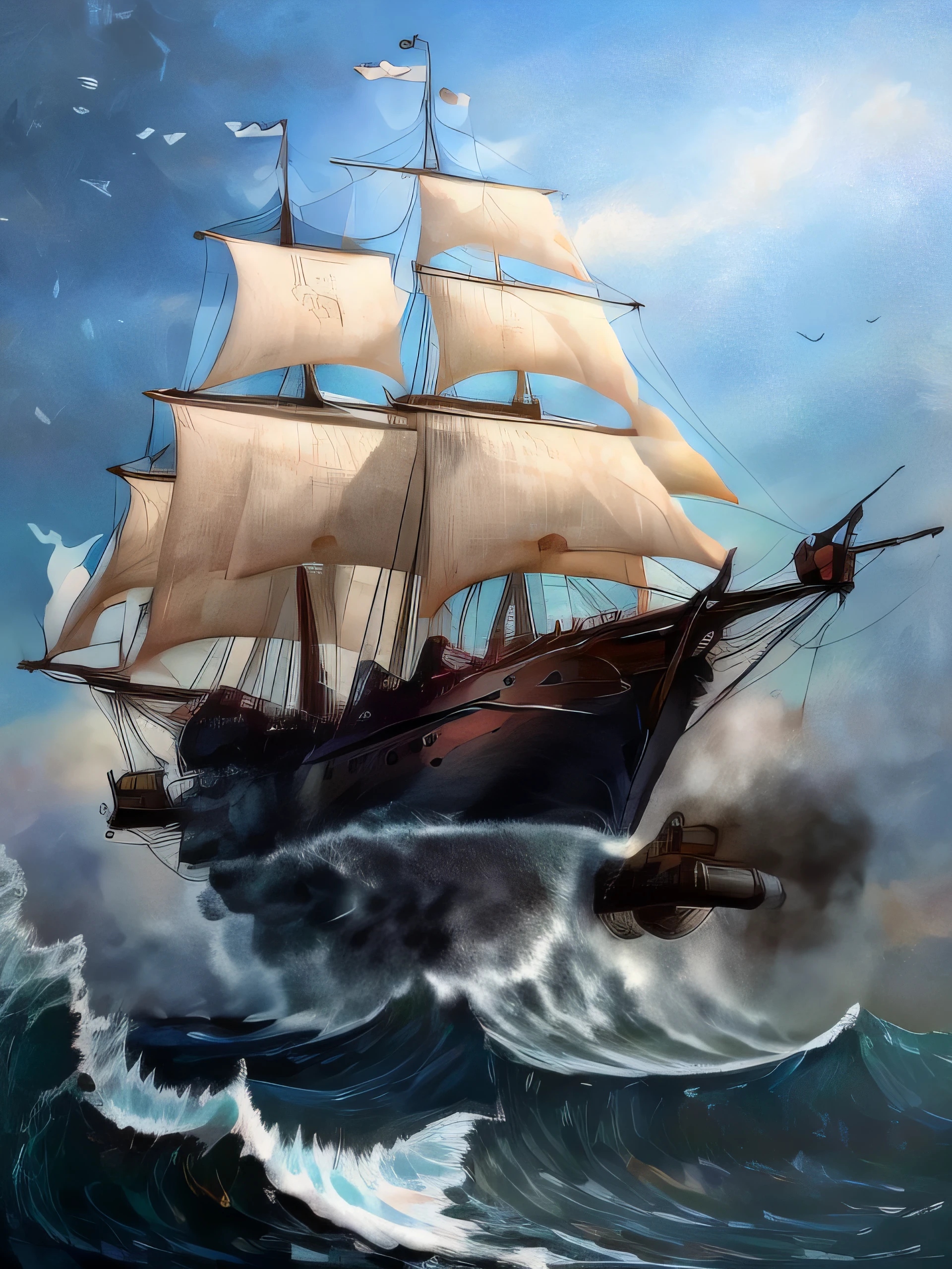 Ship of war Holy Trinity flying through the air firing its cannons surrounded by enemy ships and down the sea curled with huge waves
