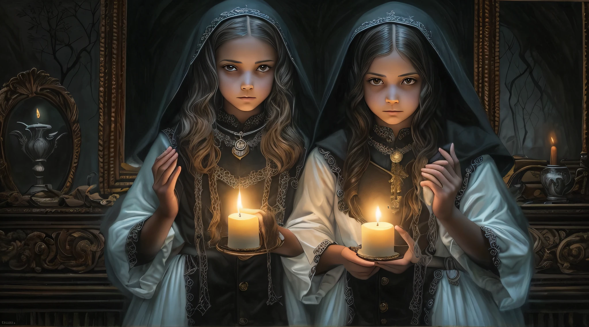 Three girls in Gothic costumes are holding candles and praying, black magic spells, scary horrifying satanic rituals, spell casting, spell casting wizard, Wicca, Bruxas, com poderes de magia negra, !5 three eyed goddesses, em vestes roxas escuras, 3 sisters look into the mirror, kramskoi 4 mil, holy flame spell, Wiccano, little girl with magical powers