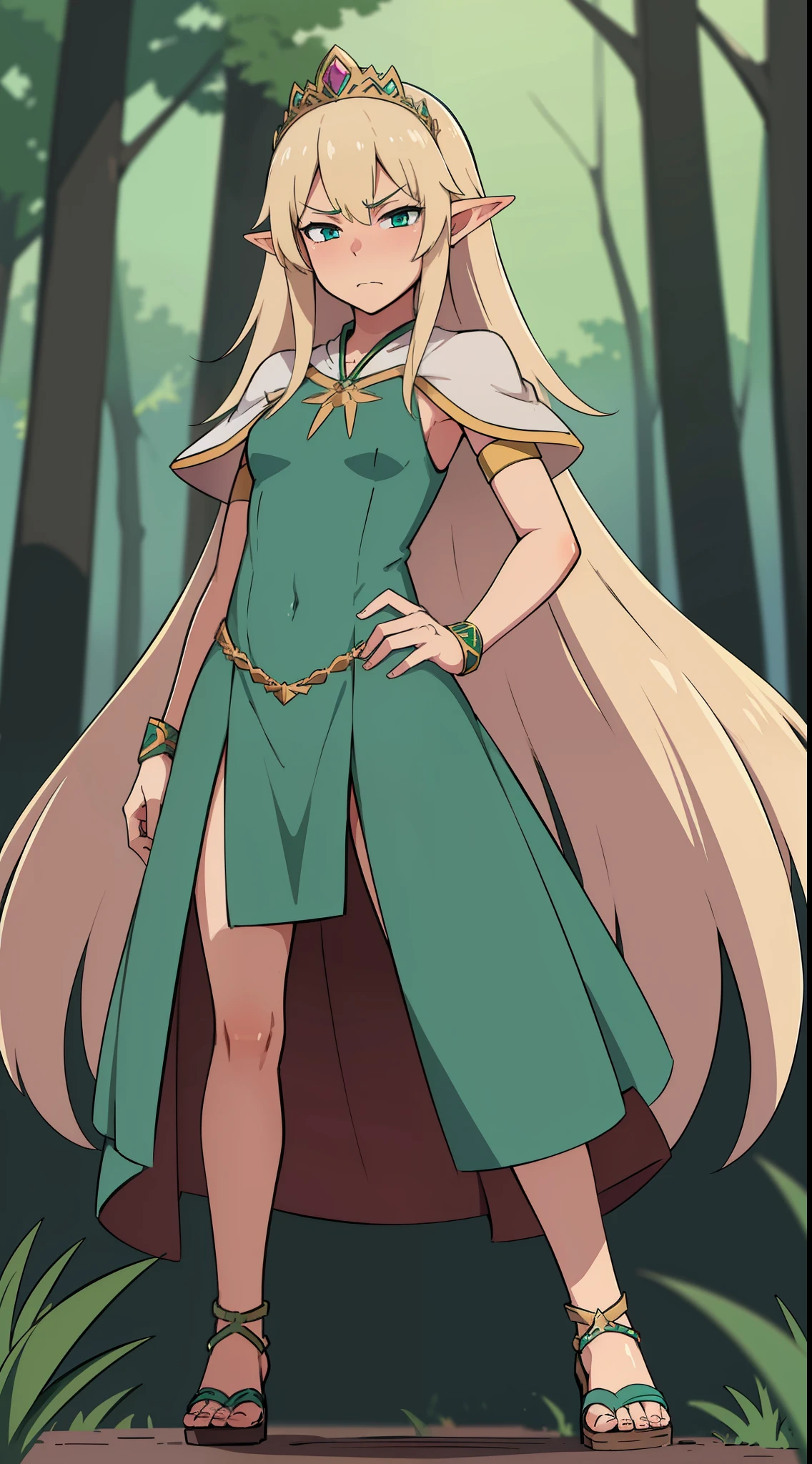 hiquality, tmasterpiece (One Elven Princess), blonde woman, Long hair is smooth, a small crown on the head, Cyan eyes, Sullen face. Green hunting cloak, Sandals. combat pose. in front of a forest background