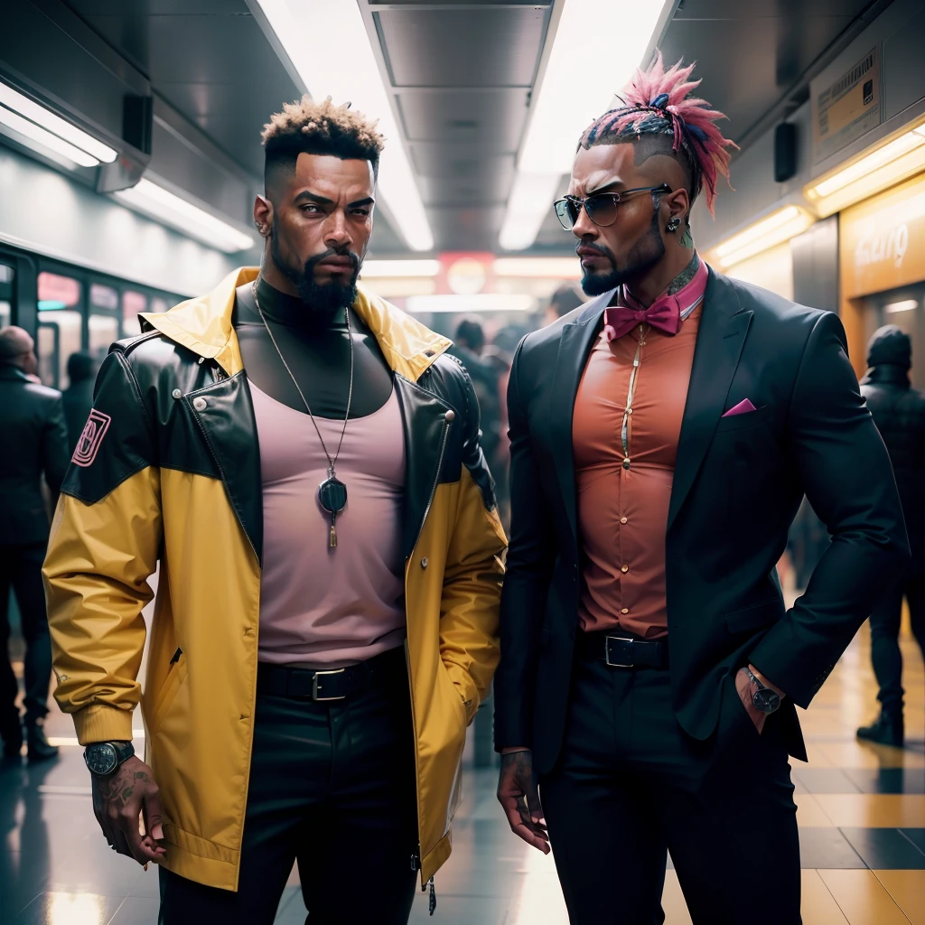 gostaria de uma imagem estilo cyberpunk em 4k de 3 personagens de mais ou menos 40 anos ,portanto,portanto,africano, forte, musculoso,Bodybillder,muito forte de pele negra ,barba grande,barba, Estiloso Barbon,com cabelo punk estilo anos 80 na cor amarelo e cinza escuro,muito eLegante,, futurista e estiloso neon , com uma tatuagem super colorida e com neon ,Toattoo, facing a metro station on the platform , with station lights failing in a dimly lit environment, standing dressed in a dark yellow suit with a pink bow tie and baggy shirt.